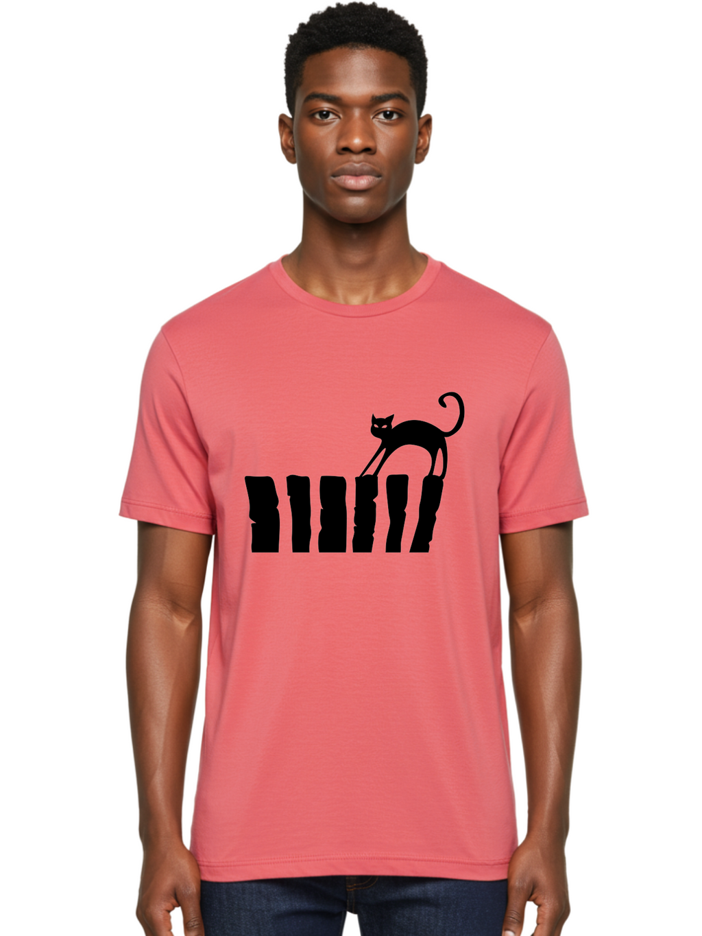 Cat-On-Fence Men'S Graphic Tee, 100% Cotton, Comfortable Casual Summer Wear, Machine Washable, Black Cat Silhouette, Feline Graphics, Cat On Fence, Whimsical Design, Minimalist Art, Cat Illustration, Modern Cat Graphic Aab208
