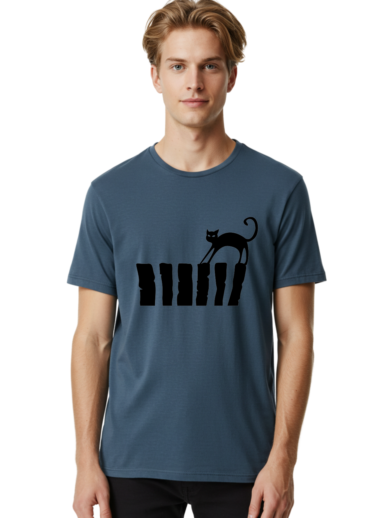 Cat-On-Fence Men'S Graphic Tee, 100% Cotton, Comfortable Casual Summer Wear, Machine Washable, Black Cat Silhouette, Feline Graphics, Cat On Fence, Whimsical Design, Minimalist Art, Cat Illustration, Modern Cat Graphic Aab208