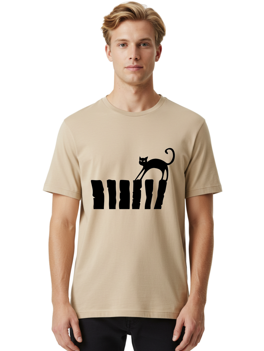 Cat-On-Fence Men'S Graphic Tee, 100% Cotton, Comfortable Casual Summer Wear, Machine Washable, Black Cat Silhouette, Feline Graphics, Cat On Fence, Whimsical Design, Minimalist Art, Cat Illustration, Modern Cat Graphic Aab208