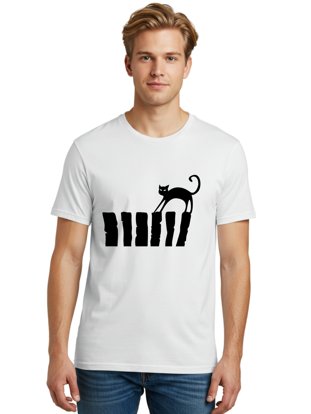 Cat-On-Fence Men'S Graphic Tee, 100% Cotton, Comfortable Casual Summer Wear, Machine Washable, Black Cat Silhouette, Feline Graphics, Cat On Fence, Whimsical Design, Minimalist Art, Cat Illustration, Modern Cat Graphic Aab208