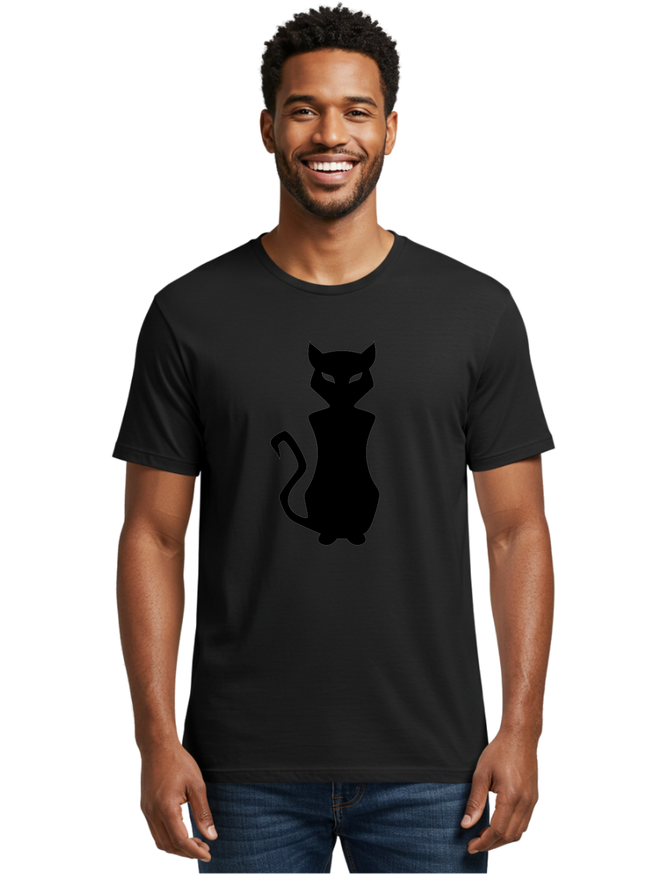 Cat-Silhouette Men'S Graphic Tee, 100% Cotton, Comfortable Casual Summer Wear, Machine Washable, Black Cat Silhouette, Glowy Eyes, Cat'S Paw On Face, Feline Figure, Mysterious Animal, Sleek Design, Glowing Green Eyes, Cat Shape Aab209