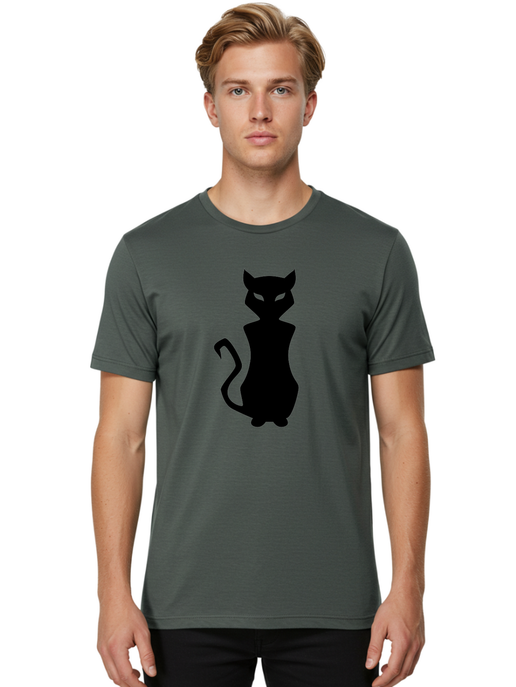 Cat-Silhouette Men'S Graphic Tee, 100% Cotton, Comfortable Casual Summer Wear, Machine Washable, Black Cat Silhouette, Glowy Eyes, Cat'S Paw On Face, Feline Figure, Mysterious Animal, Sleek Design, Glowing Green Eyes, Cat Shape Aab209