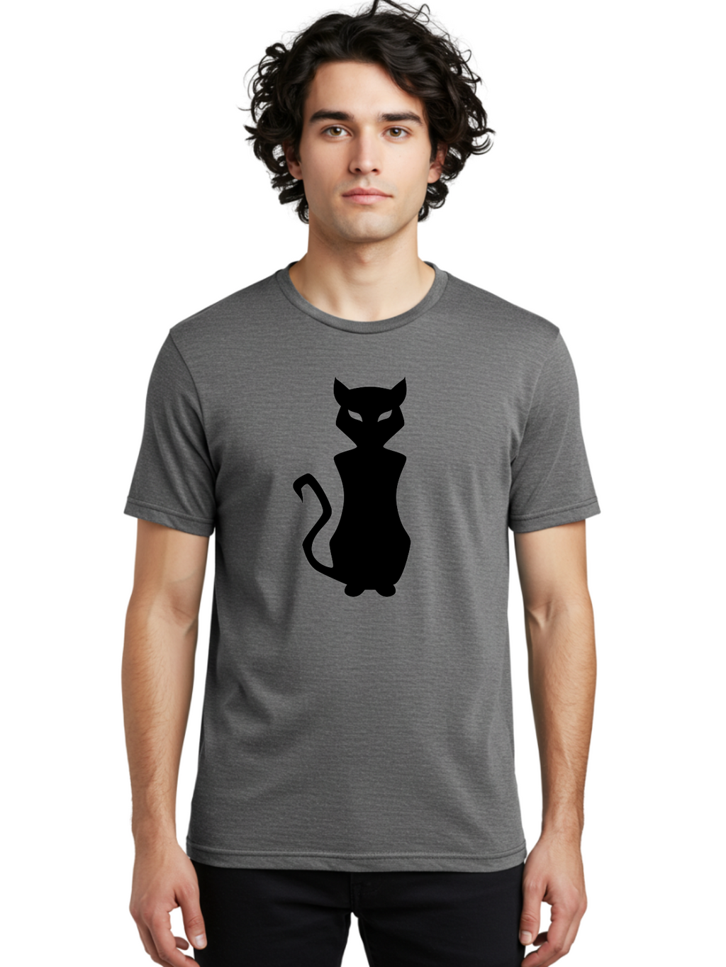 Cat-Silhouette Men'S Graphic Tee, 100% Cotton, Comfortable Casual Summer Wear, Machine Washable, Black Cat Silhouette, Glowy Eyes, Cat'S Paw On Face, Feline Figure, Mysterious Animal, Sleek Design, Glowing Green Eyes, Cat Shape Aab209