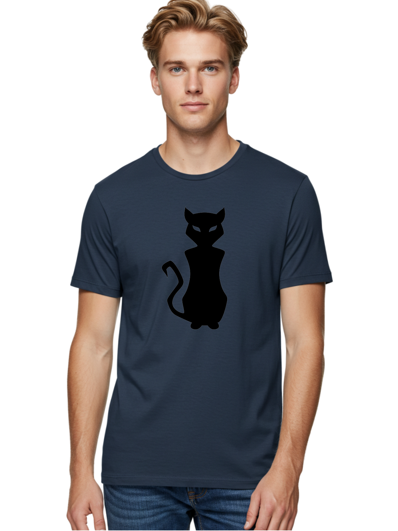 Cat-Silhouette Men'S Graphic Tee, 100% Cotton, Comfortable Casual Summer Wear, Machine Washable, Black Cat Silhouette, Glowy Eyes, Cat'S Paw On Face, Feline Figure, Mysterious Animal, Sleek Design, Glowing Green Eyes, Cat Shape Aab209