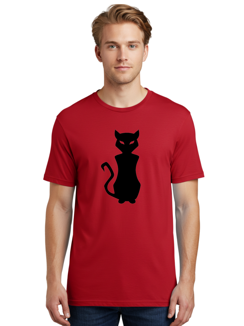Cat-Silhouette Men'S Graphic Tee, 100% Cotton, Comfortable Casual Summer Wear, Machine Washable, Black Cat Silhouette, Glowy Eyes, Cat'S Paw On Face, Feline Figure, Mysterious Animal, Sleek Design, Glowing Green Eyes, Cat Shape Aab209