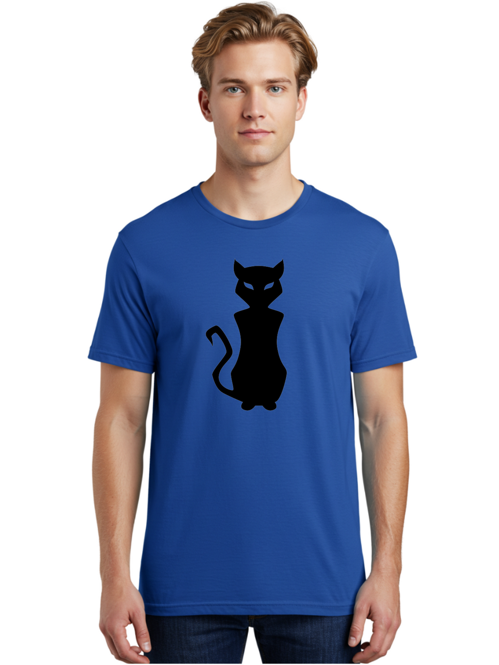 Cat-Silhouette Men'S Graphic Tee, 100% Cotton, Comfortable Casual Summer Wear, Machine Washable, Black Cat Silhouette, Glowy Eyes, Cat'S Paw On Face, Feline Figure, Mysterious Animal, Sleek Design, Glowing Green Eyes, Cat Shape Aab209