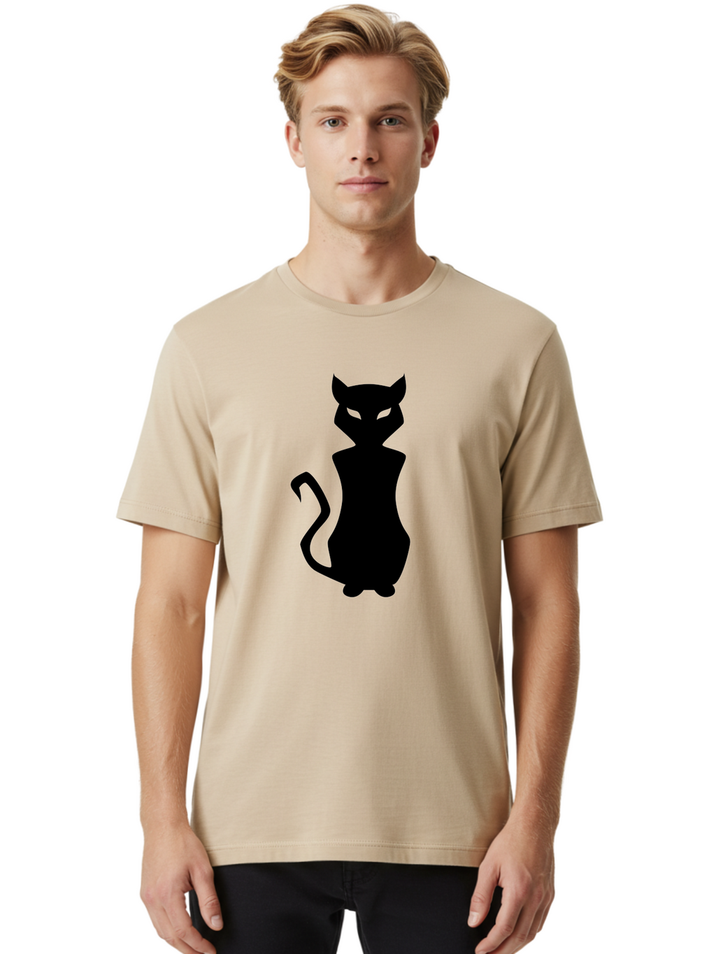 Cat-Silhouette Men'S Graphic Tee, 100% Cotton, Comfortable Casual Summer Wear, Machine Washable, Black Cat Silhouette, Glowy Eyes, Cat'S Paw On Face, Feline Figure, Mysterious Animal, Sleek Design, Glowing Green Eyes, Cat Shape Aab209