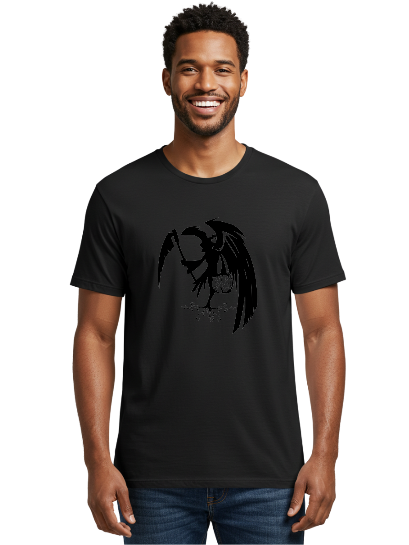 Crow-Grim-Reaper Men'S Graphic Tee, 100% Cotton, Comfortable Casual Summer Wear, Machine Washable, Bird With Scythe, Surreal Imagery, Abstract Art, Dark Symbolism, Mysterious Creature, Winged Figure, Eerie Atmosphere, Fantasy Illustration Aab210
