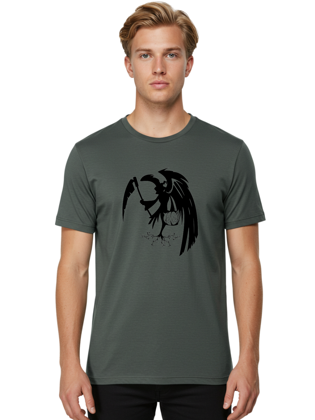 Crow-Grim-Reaper Men'S Graphic Tee, 100% Cotton, Comfortable Casual Summer Wear, Machine Washable, Bird With Scythe, Surreal Imagery, Abstract Art, Dark Symbolism, Mysterious Creature, Winged Figure, Eerie Atmosphere, Fantasy Illustration Aab210