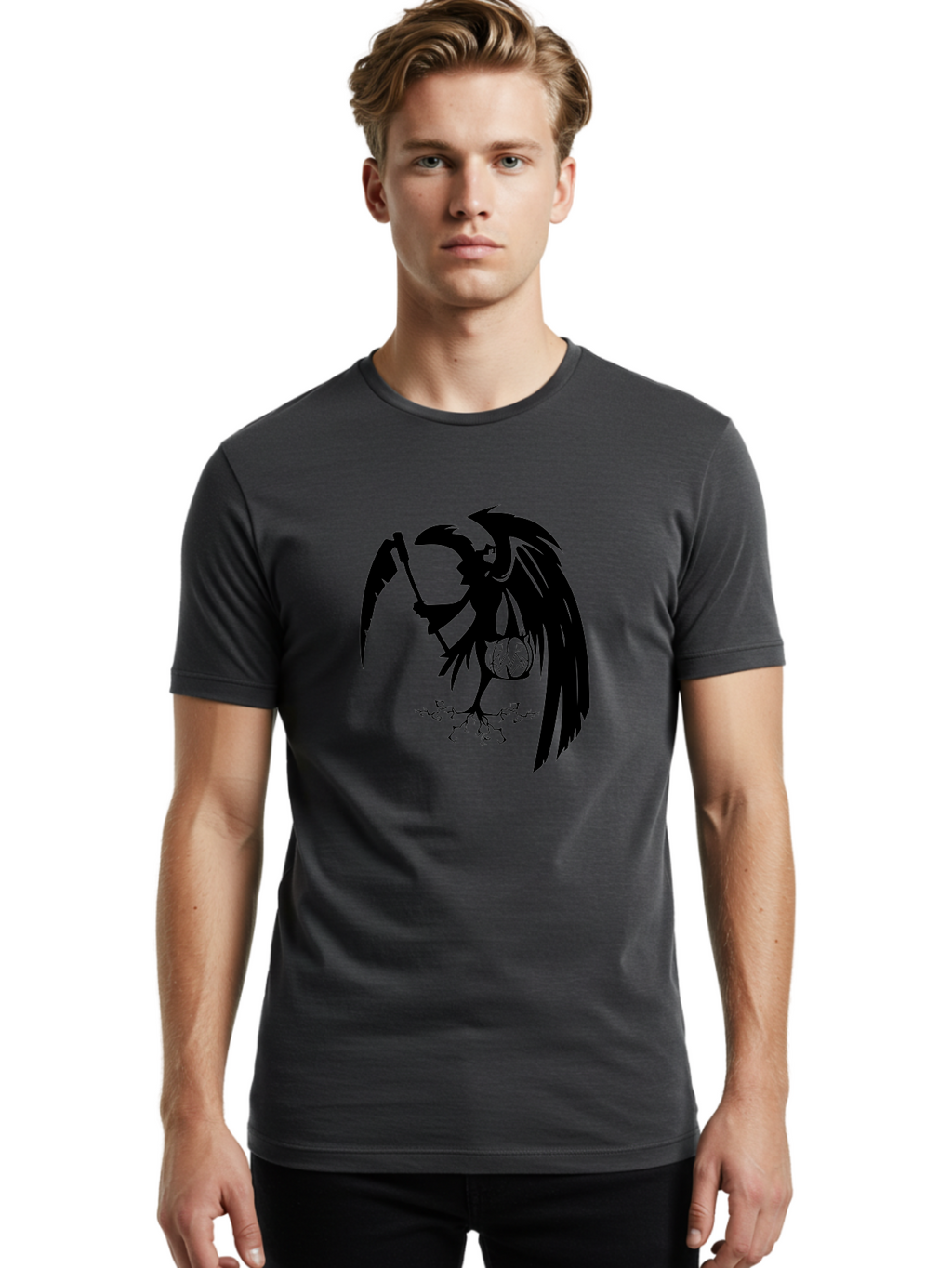 Crow-Grim-Reaper Men'S Graphic Tee, 100% Cotton, Comfortable Casual Summer Wear, Machine Washable, Bird With Scythe, Surreal Imagery, Abstract Art, Dark Symbolism, Mysterious Creature, Winged Figure, Eerie Atmosphere, Fantasy Illustration Aab210