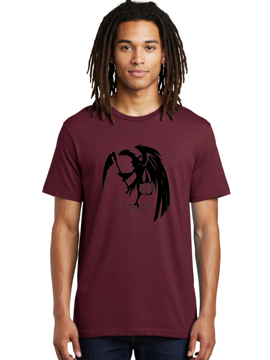 Crow-Grim-Reaper Men'S Graphic Tee, 100% Cotton, Comfortable Casual Summer Wear, Machine Washable, Bird With Scythe, Surreal Imagery, Abstract Art, Dark Symbolism, Mysterious Creature, Winged Figure, Eerie Atmosphere, Fantasy Illustration Aab210