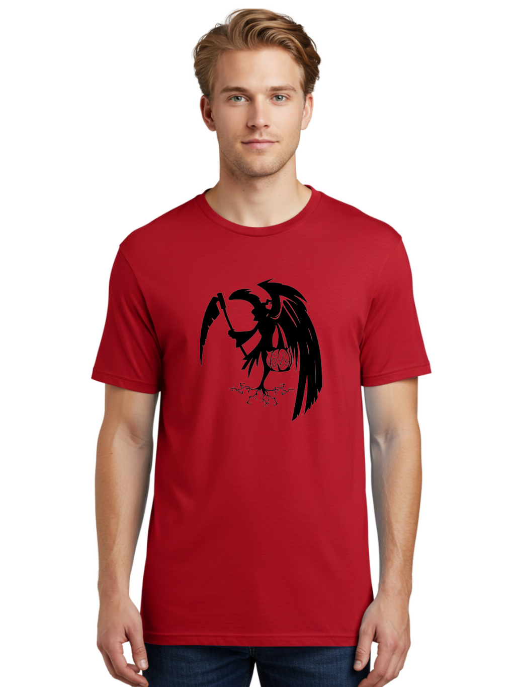 Crow-Grim-Reaper Men'S Graphic Tee, 100% Cotton, Comfortable Casual Summer Wear, Machine Washable, Bird With Scythe, Surreal Imagery, Abstract Art, Dark Symbolism, Mysterious Creature, Winged Figure, Eerie Atmosphere, Fantasy Illustration Aab210