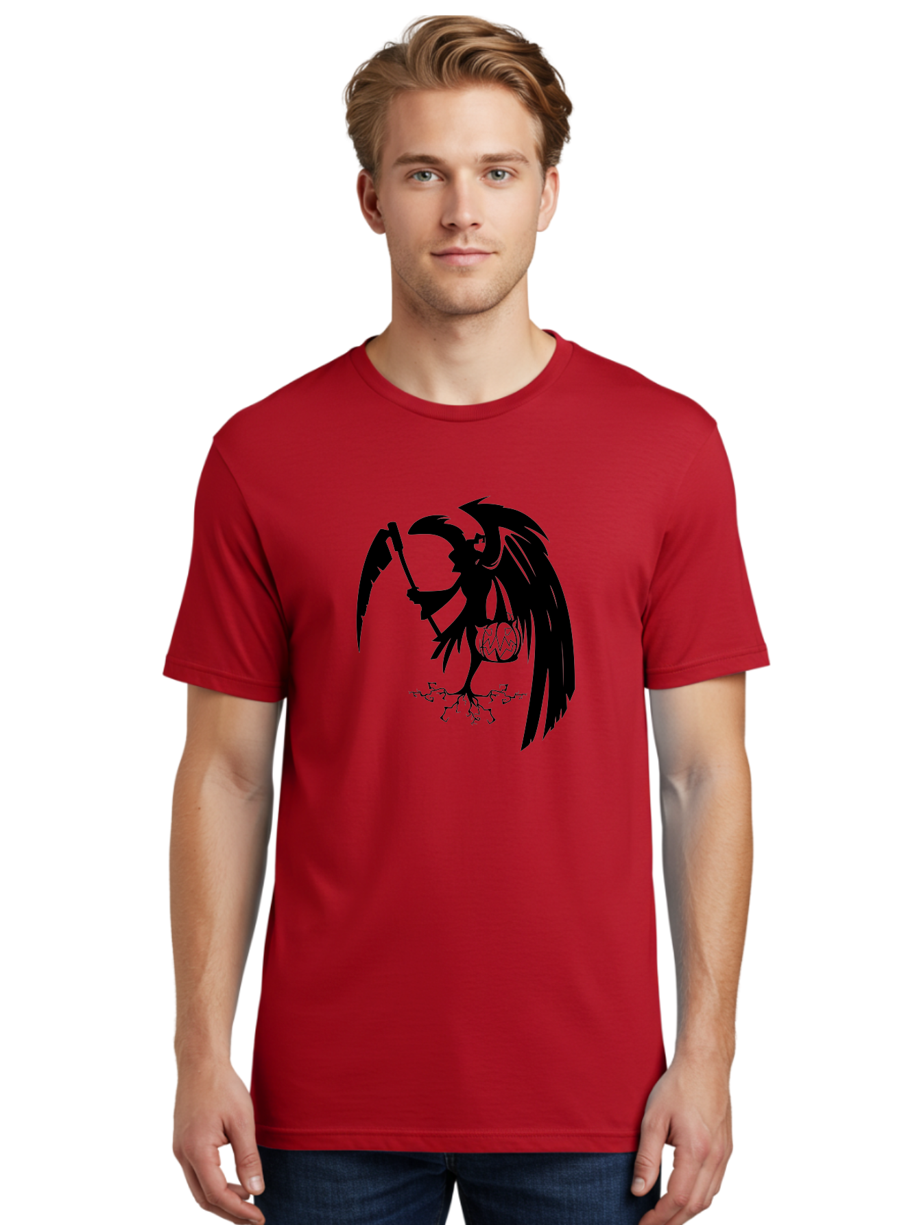 Crow-Grim-Reaper Men'S Graphic Tee, 100% Cotton, Comfortable Casual Summer Wear, Machine Washable, Bird With Scythe, Surreal Imagery, Abstract Art, Dark Symbolism, Mysterious Creature, Winged Figure, Eerie Atmosphere, Fantasy Illustration Aab210
