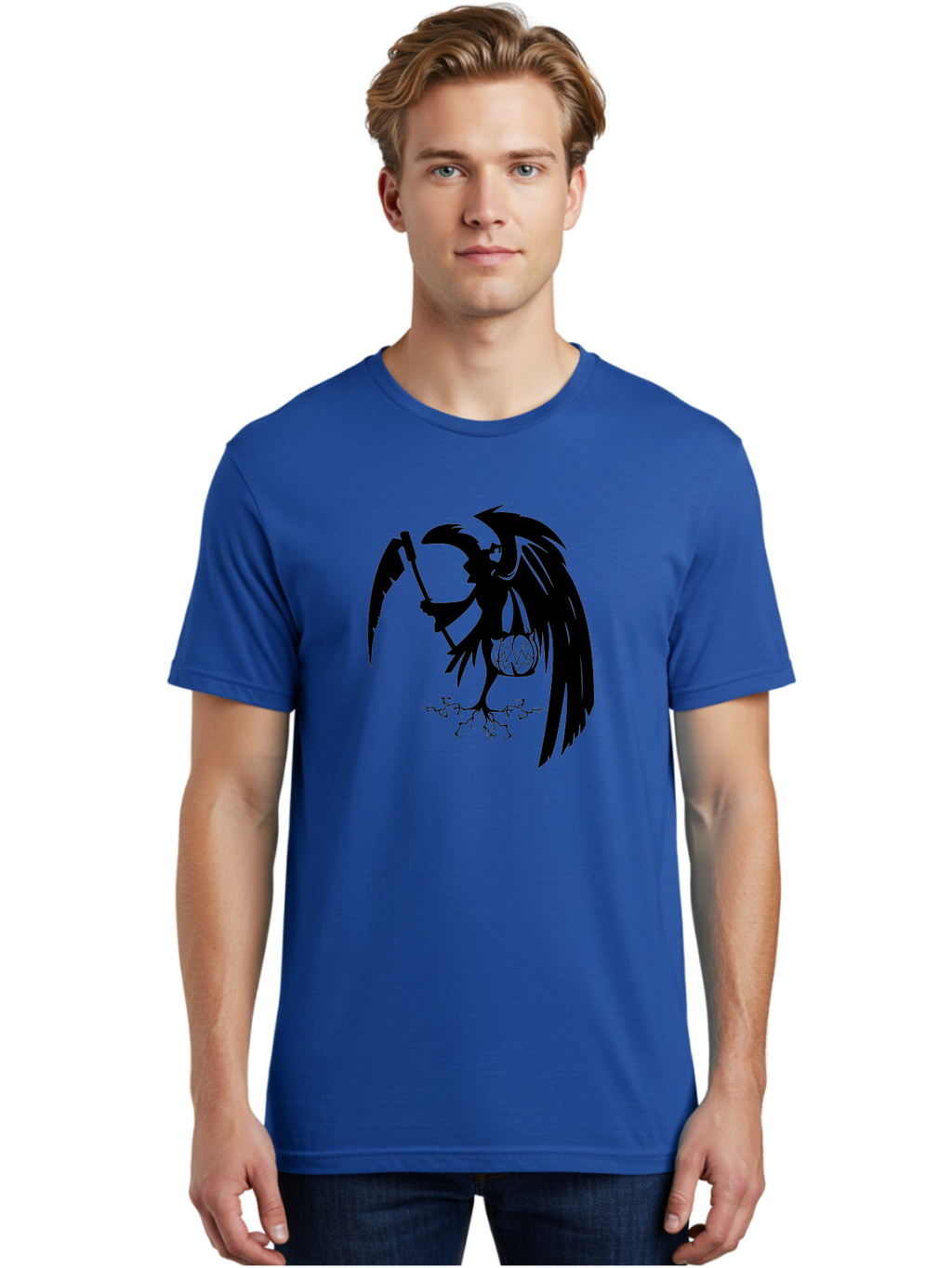Crow-Grim-Reaper Men'S Graphic Tee, 100% Cotton, Comfortable Casual Summer Wear, Machine Washable, Bird With Scythe, Surreal Imagery, Abstract Art, Dark Symbolism, Mysterious Creature, Winged Figure, Eerie Atmosphere, Fantasy Illustration Aab210