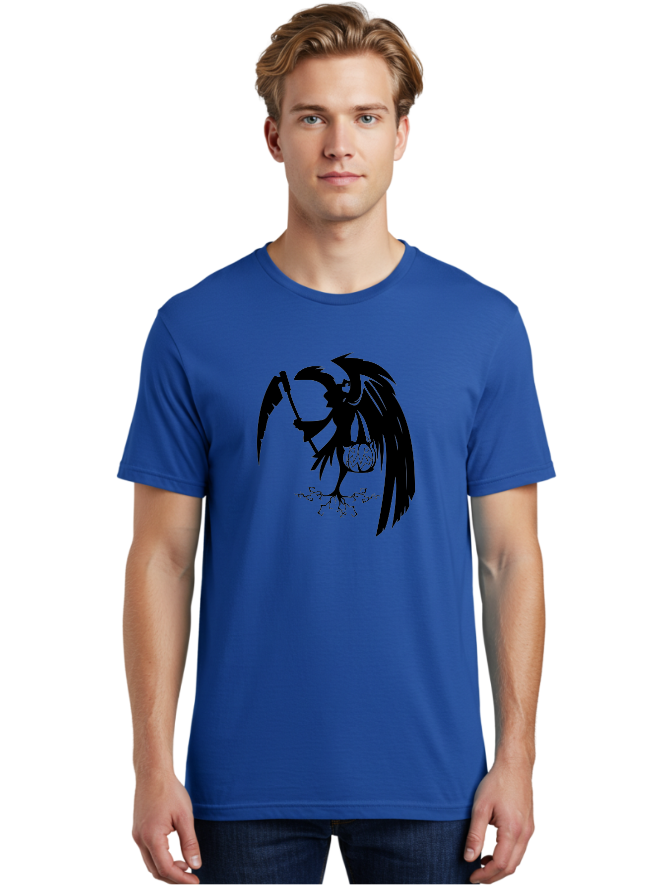 Crow-Grim-Reaper Men'S Graphic Tee, 100% Cotton, Comfortable Casual Summer Wear, Machine Washable, Bird With Scythe, Surreal Imagery, Abstract Art, Dark Symbolism, Mysterious Creature, Winged Figure, Eerie Atmosphere, Fantasy Illustration Aab210