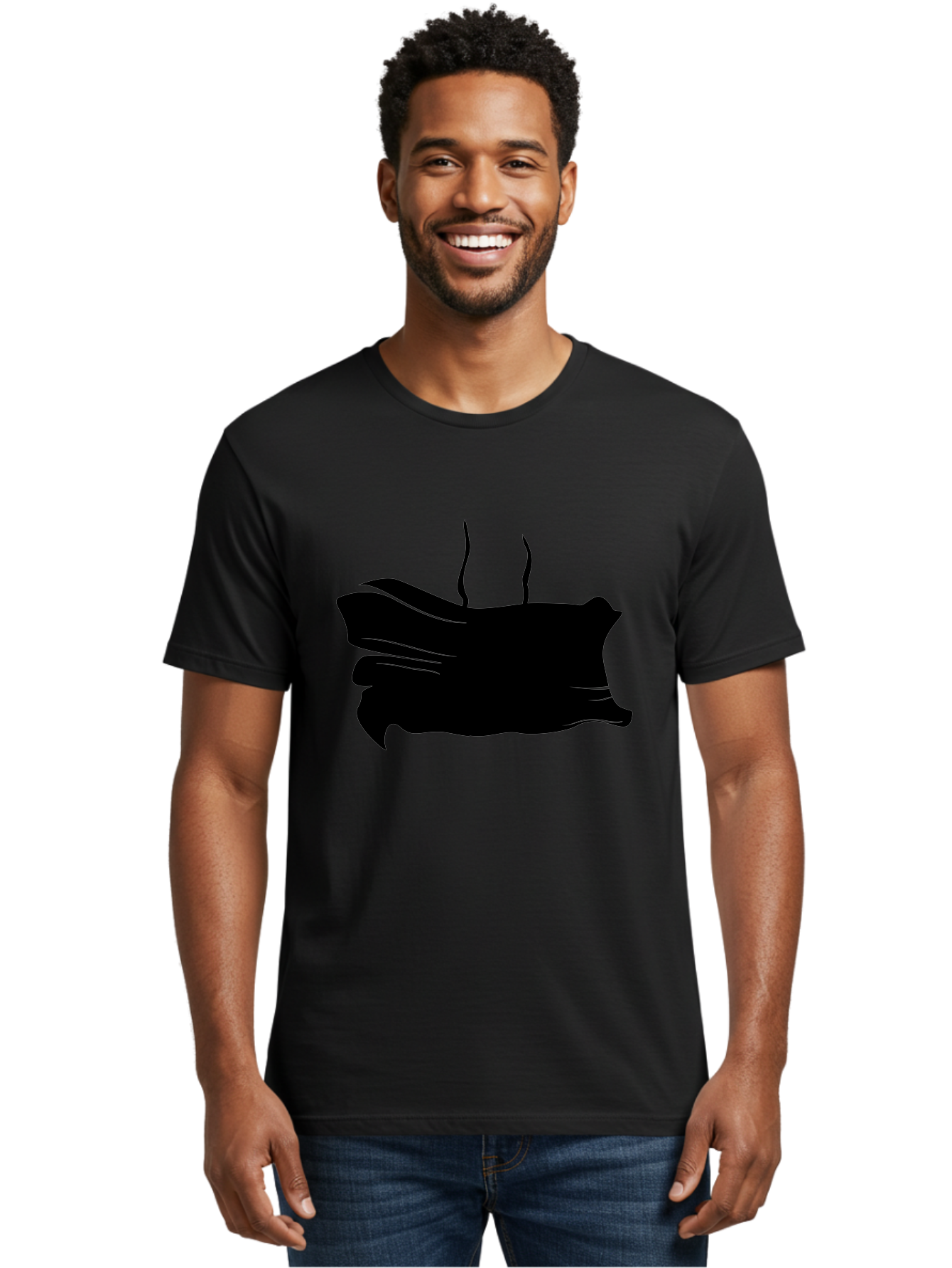 Fish-Silhouette Men'S Graphic Tee, 100% Cotton, Comfortable Casual Summer Wear, Machine Washable, Black Smear, Abstract Art, Brush Stroke, Artistic Expression, Creative Design, Modern Art, Hand Drawn, Digital Art Aab215