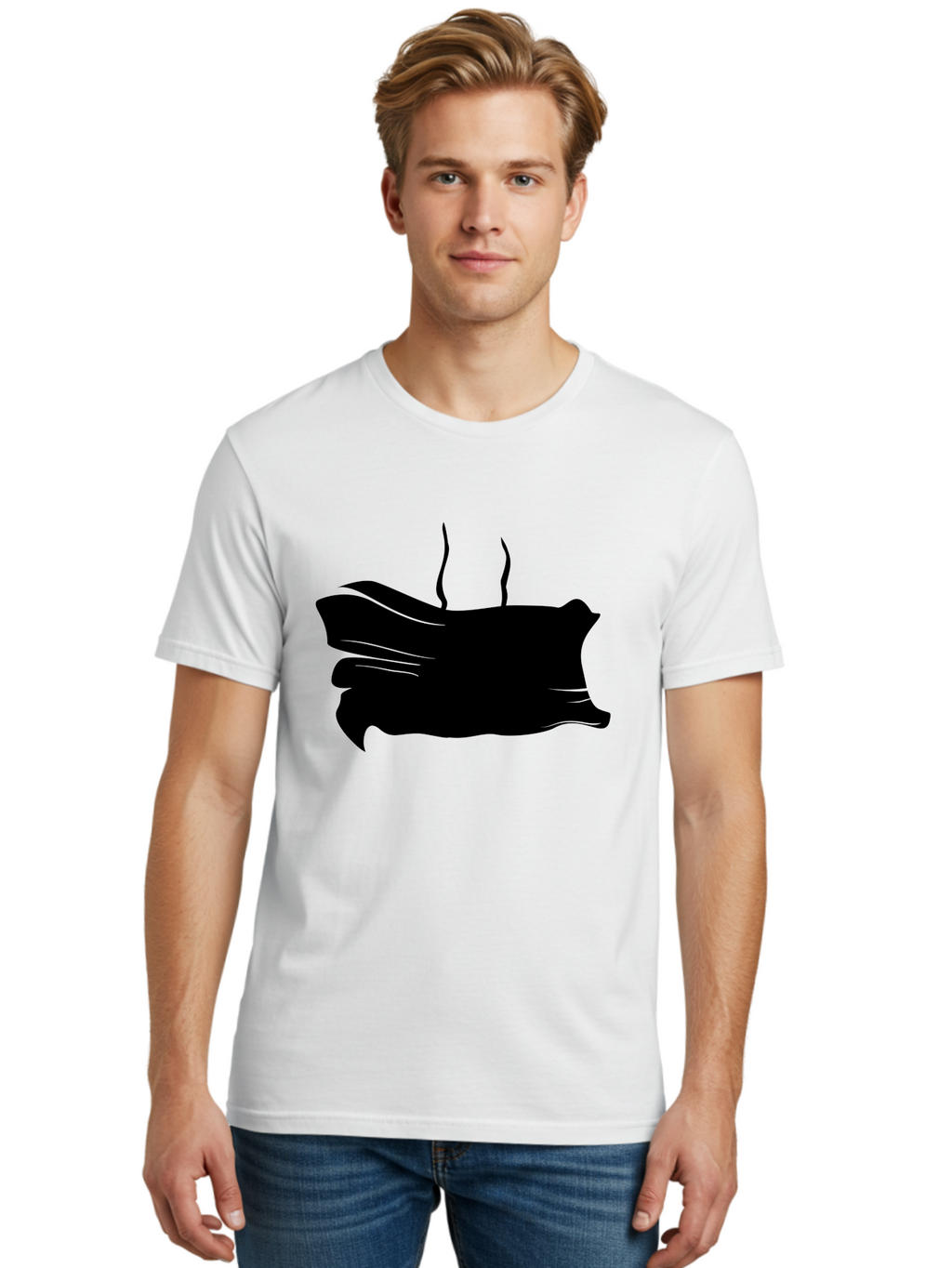 Fish-Silhouette Men'S Graphic Tee, 100% Cotton, Comfortable Casual Summer Wear, Machine Washable, Black Smear, Abstract Art, Brush Stroke, Artistic Expression, Creative Design, Modern Art, Hand Drawn, Digital Art Aab215