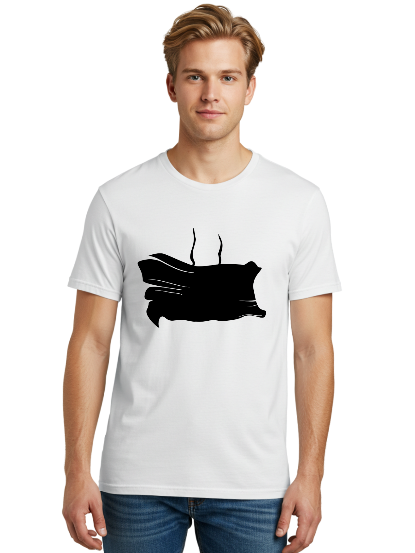 Fish-Silhouette Men'S Graphic Tee, 100% Cotton, Comfortable Casual Summer Wear, Machine Washable, Black Smear, Abstract Art, Brush Stroke, Artistic Expression, Creative Design, Modern Art, Hand Drawn, Digital Art Aab215