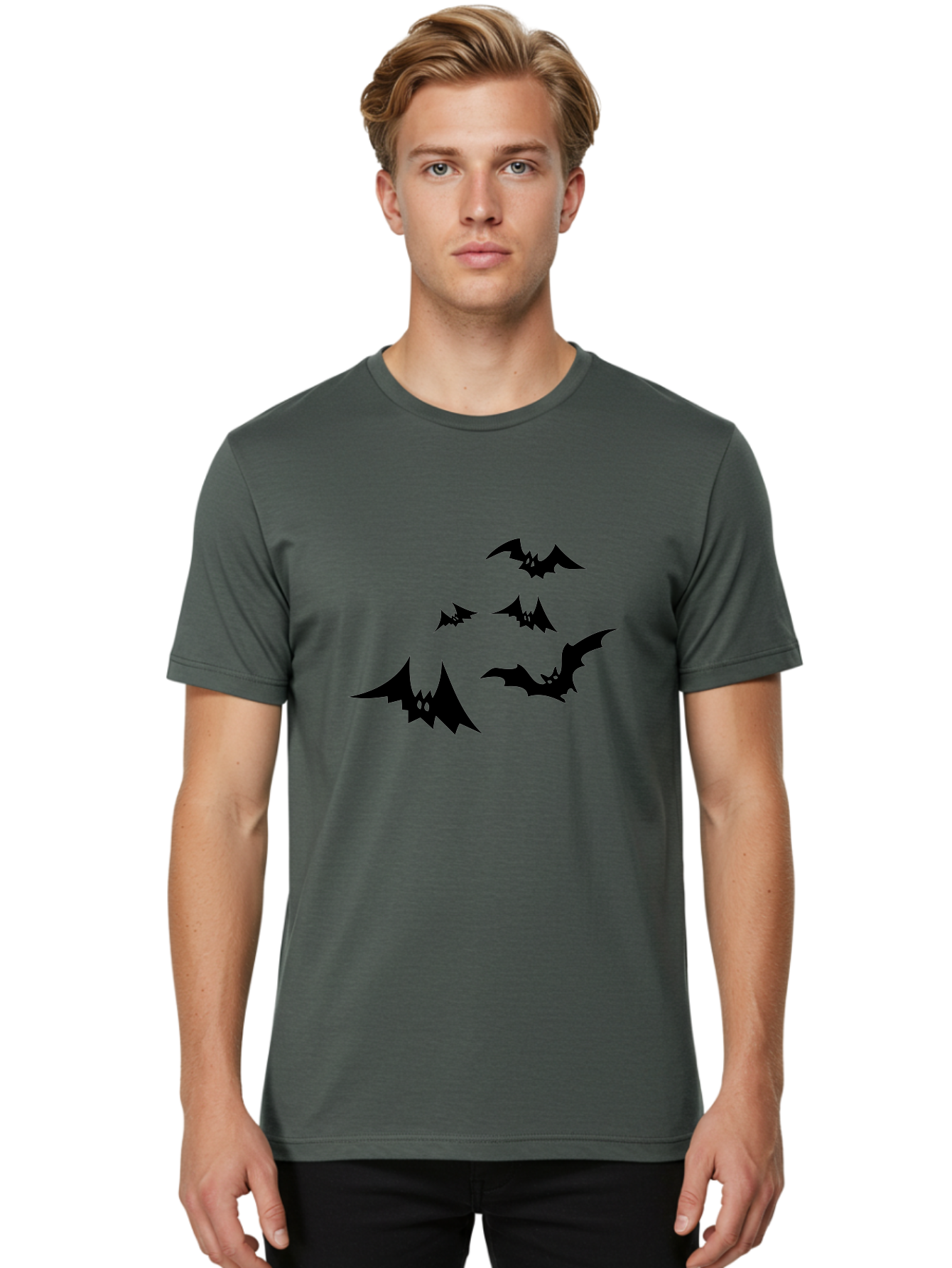 Flying-Bats Men'S Graphic Tee, 100% Cotton, Comfortable Casual Summer Wear, Machine Washable, Black Bats, Flying Bats, Halloween Symbols, Spooky Creatures, Gothic Decorations, Eerie Silhouettes, Dark Magic, Halloween Decorations Aab216