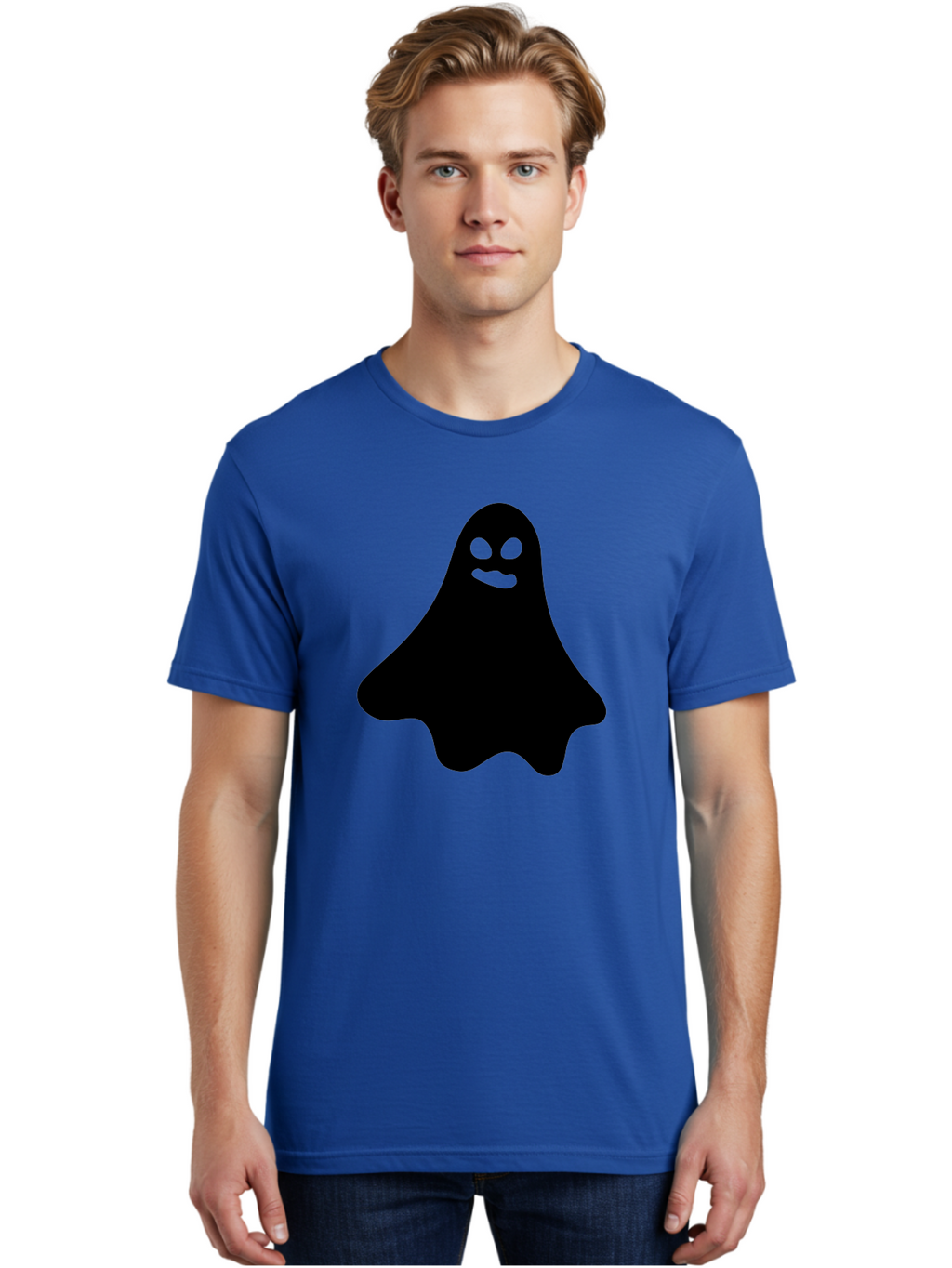 Ghost-1 Men'S Graphic Tee, 100% Cotton, Comfortable Casual Summer Wear, Machine Washable, Cartoon Ghost, Black Silhouette, Green Eyes, Smiling Face, Spooky Character, Halloween Icon, Cute Monster, Supernatural Being, Funny Ghost Aab217