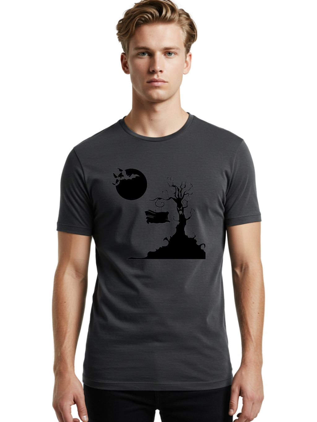 Halloween-Tree Men'S Graphic Tee, 100% Cotton, Comfortable Casual Summer Wear, Machine Washable, Halloween Scene, Spooky Atmosphere, Flying Bats, Haunted Tree, Swing, Full Moon, Dark Silhouette, Autumn Leaves, Halloween Decorations, Aab219