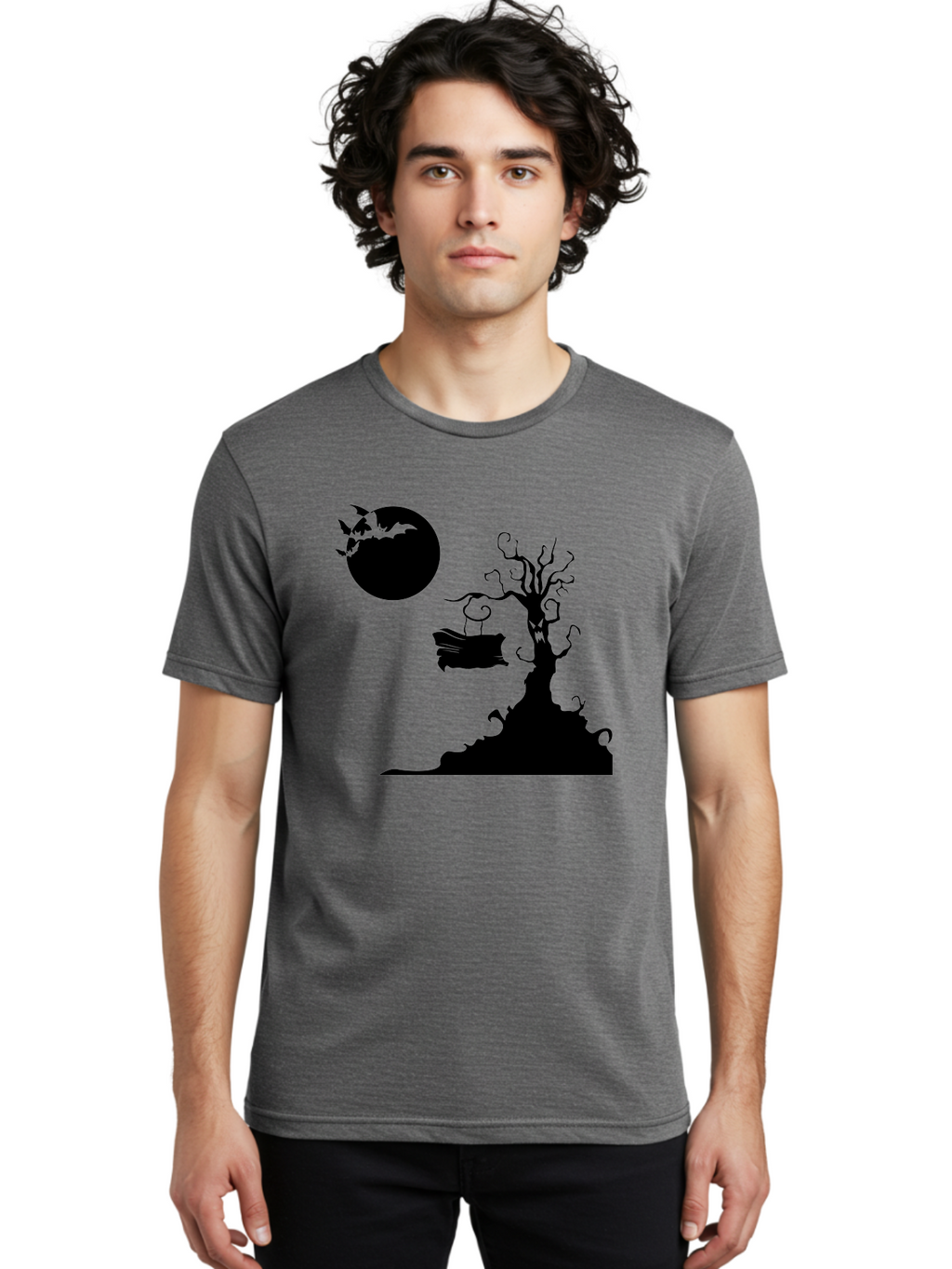 Halloween-Tree Men'S Graphic Tee, 100% Cotton, Comfortable Casual Summer Wear, Machine Washable, Halloween Scene, Spooky Atmosphere, Flying Bats, Haunted Tree, Swing, Full Moon, Dark Silhouette, Autumn Leaves, Halloween Decorations, Aab219