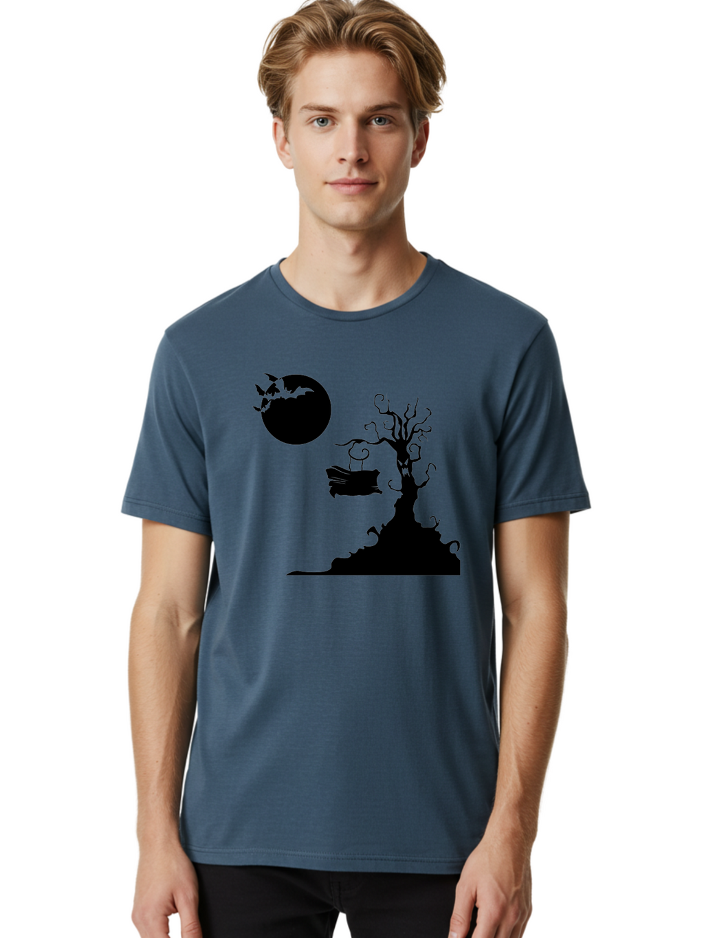 Halloween-Tree Men'S Graphic Tee, 100% Cotton, Comfortable Casual Summer Wear, Machine Washable, Halloween Scene, Spooky Atmosphere, Flying Bats, Haunted Tree, Swing, Full Moon, Dark Silhouette, Autumn Leaves, Halloween Decorations, Aab219