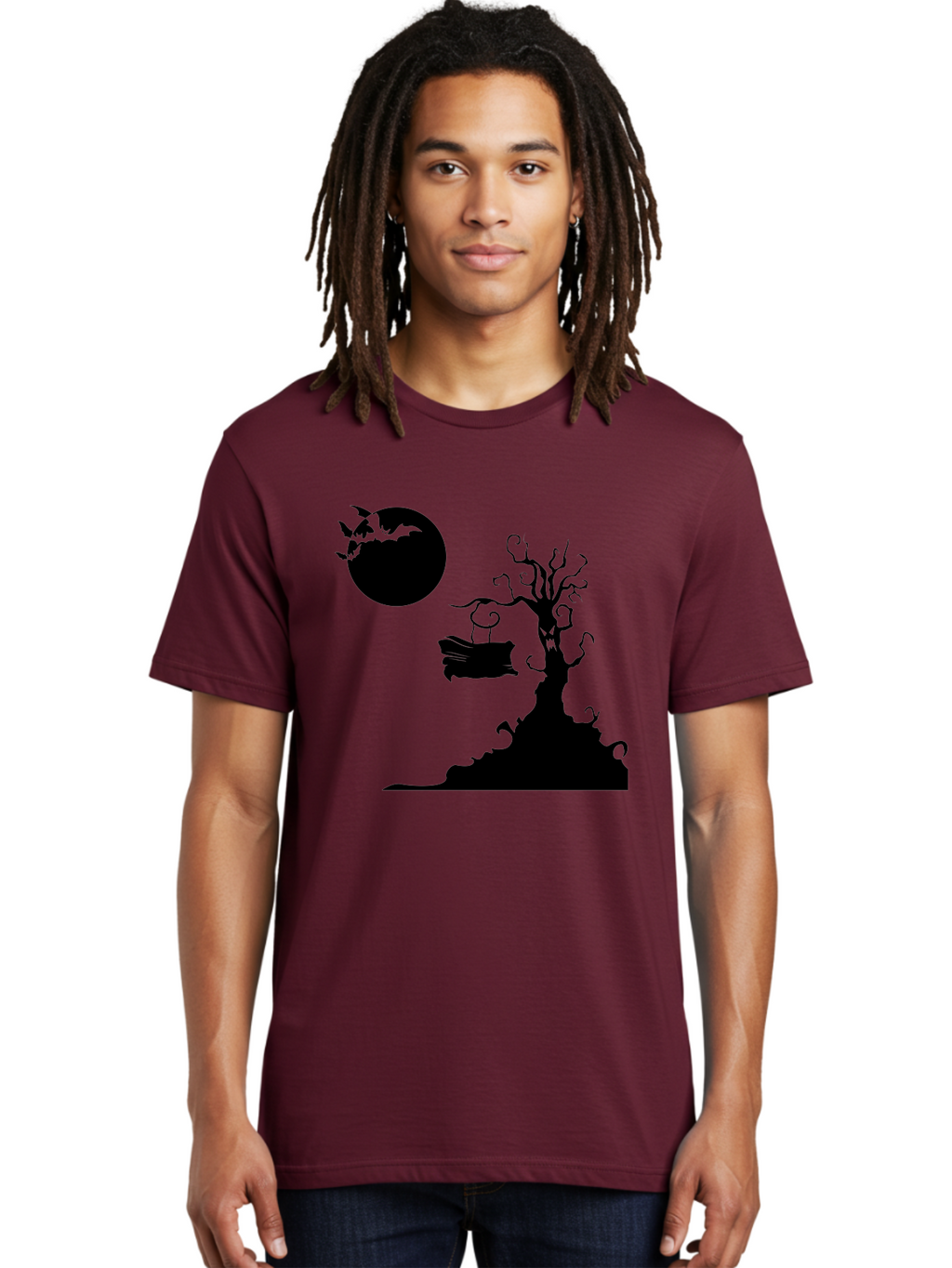 Halloween-Tree Men'S Graphic Tee, 100% Cotton, Comfortable Casual Summer Wear, Machine Washable, Halloween Scene, Spooky Atmosphere, Flying Bats, Haunted Tree, Swing, Full Moon, Dark Silhouette, Autumn Leaves, Halloween Decorations, Aab219