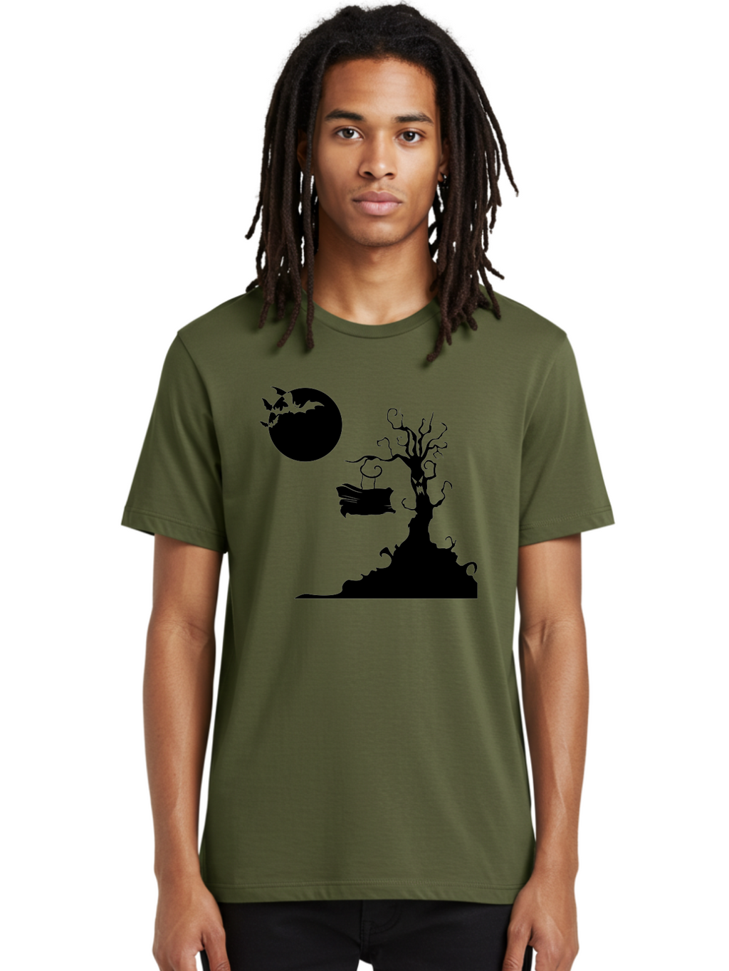Halloween-Tree Men'S Graphic Tee, 100% Cotton, Comfortable Casual Summer Wear, Machine Washable, Halloween Scene, Spooky Atmosphere, Flying Bats, Haunted Tree, Swing, Full Moon, Dark Silhouette, Autumn Leaves, Halloween Decorations, Aab219
