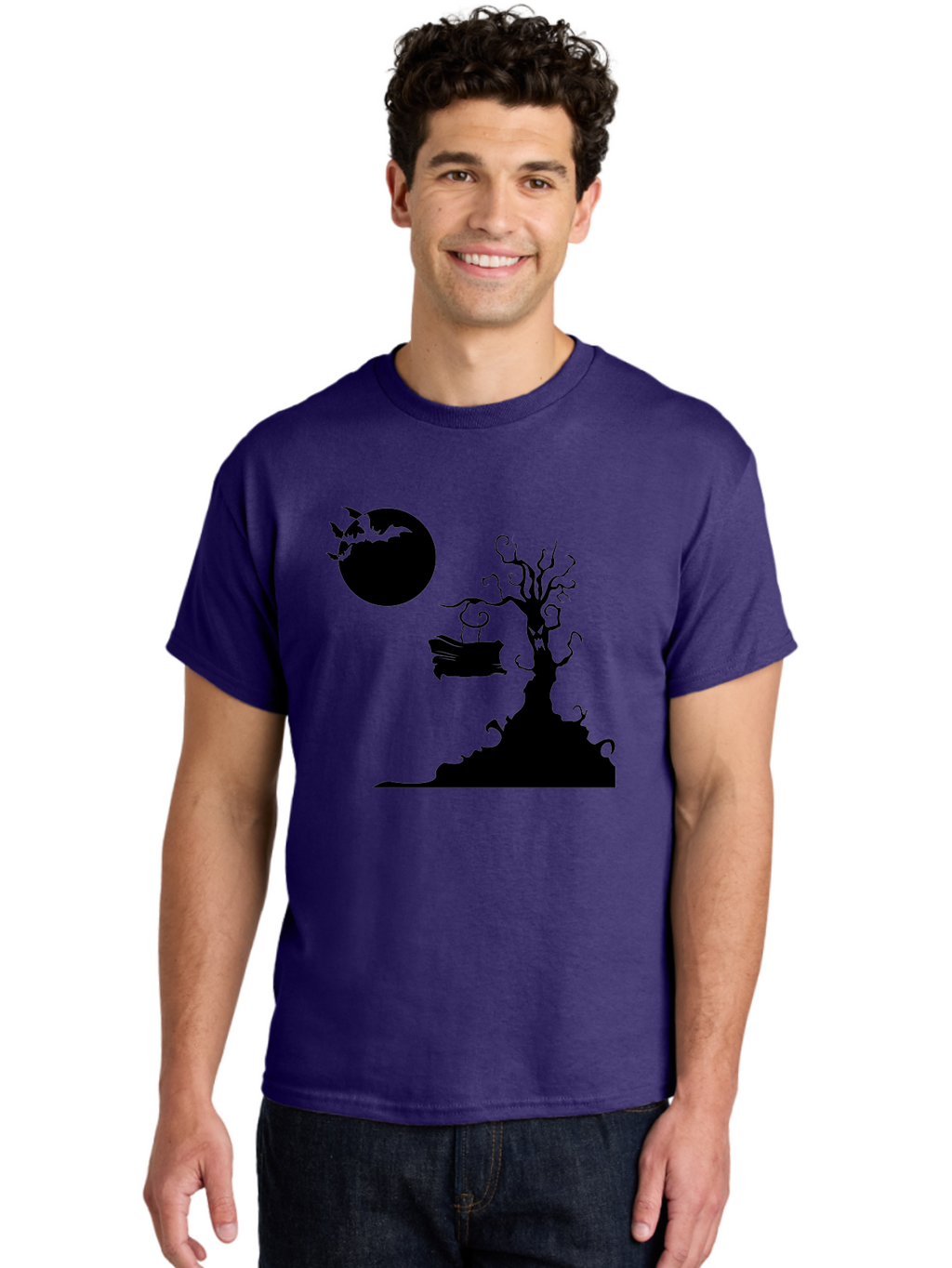 Halloween-Tree Men'S Graphic Tee, 100% Cotton, Comfortable Casual Summer Wear, Machine Washable, Halloween Scene, Spooky Atmosphere, Flying Bats, Haunted Tree, Swing, Full Moon, Dark Silhouette, Autumn Leaves, Halloween Decorations, Aab219
