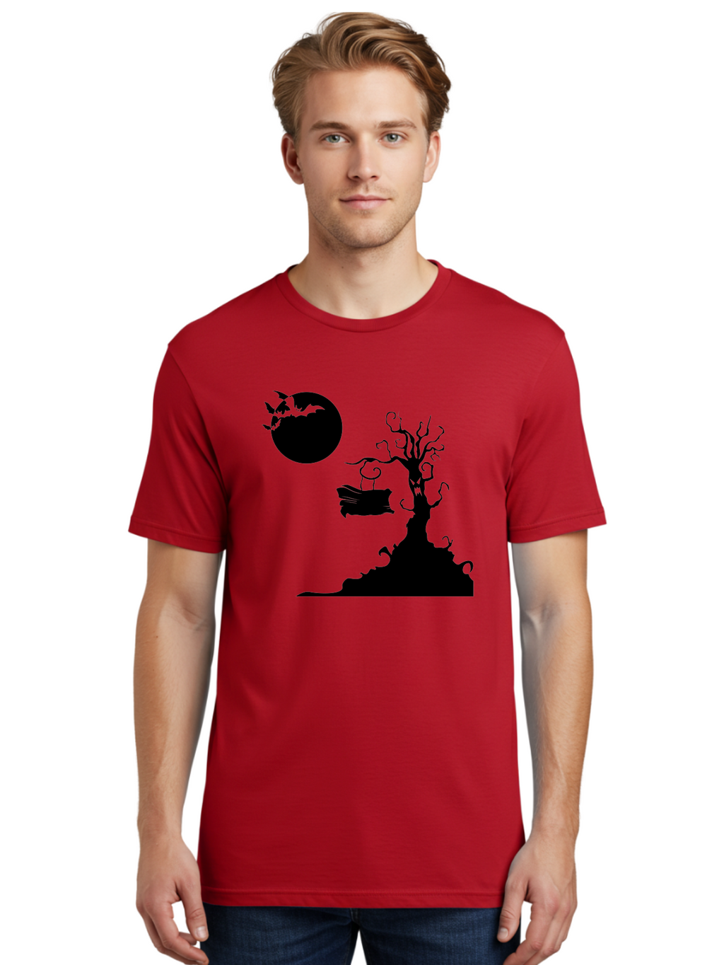 Halloween-Tree Men'S Graphic Tee, 100% Cotton, Comfortable Casual Summer Wear, Machine Washable, Halloween Scene, Spooky Atmosphere, Flying Bats, Haunted Tree, Swing, Full Moon, Dark Silhouette, Autumn Leaves, Halloween Decorations, Aab219