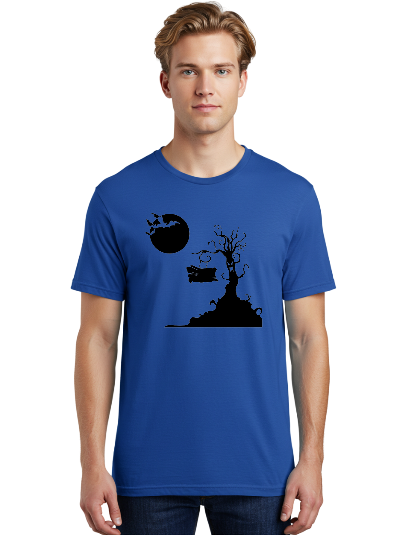 Halloween-Tree Men'S Graphic Tee, 100% Cotton, Comfortable Casual Summer Wear, Machine Washable, Halloween Scene, Spooky Atmosphere, Flying Bats, Haunted Tree, Swing, Full Moon, Dark Silhouette, Autumn Leaves, Halloween Decorations, Aab219