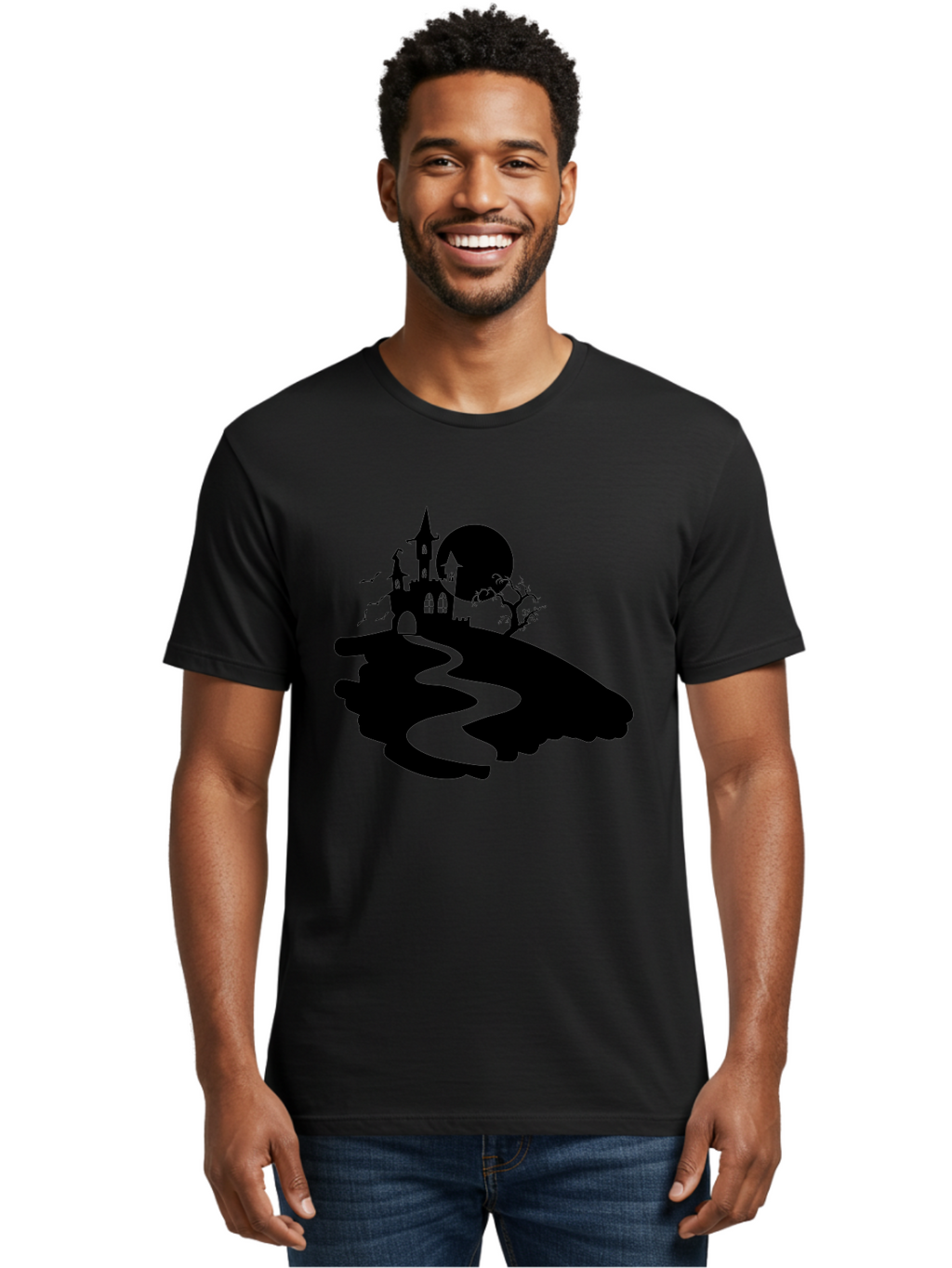 Hand-Holding-Haunted-Mansion Men'S Graphic Tee, 100% Cotton, Comfortable Casual Summer Wear, Machine Washable, Haunted Castle, Spooky Atmosphere, Witching Hour, Full Moon, Creepy Tree, Winding Path, Mystical Ambiance, Gothic Architecture, Aab220