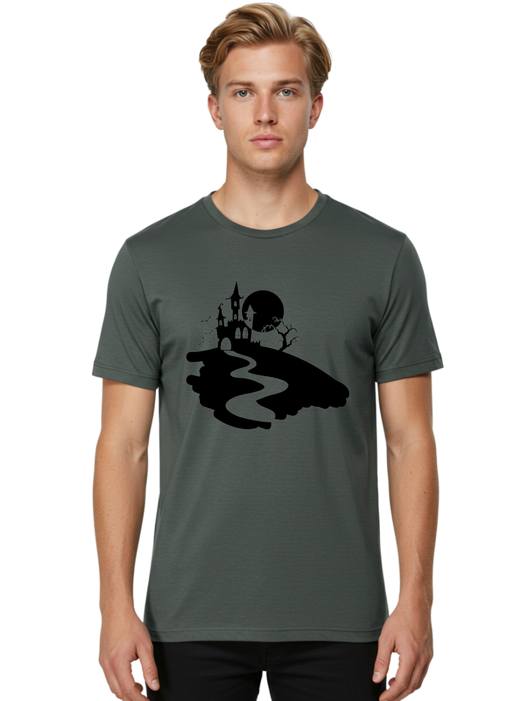 Hand-Holding-Haunted-Mansion Men'S Graphic Tee, 100% Cotton, Comfortable Casual Summer Wear, Machine Washable, Haunted Castle, Spooky Atmosphere, Witching Hour, Full Moon, Creepy Tree, Winding Path, Mystical Ambiance, Gothic Architecture, Aab220