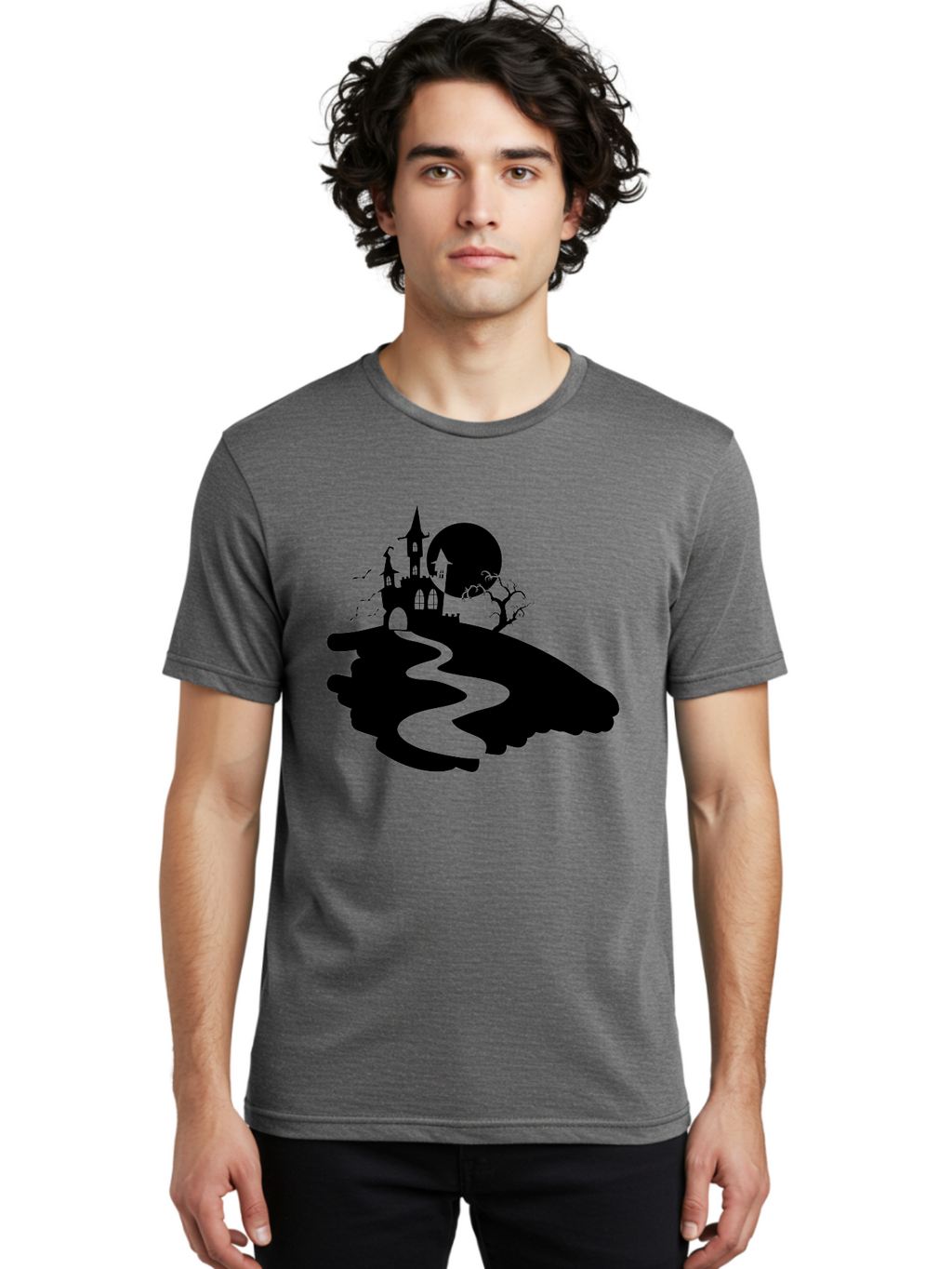 Hand-Holding-Haunted-Mansion Men'S Graphic Tee, 100% Cotton, Comfortable Casual Summer Wear, Machine Washable, Haunted Castle, Spooky Atmosphere, Witching Hour, Full Moon, Creepy Tree, Winding Path, Mystical Ambiance, Gothic Architecture, Aab220
