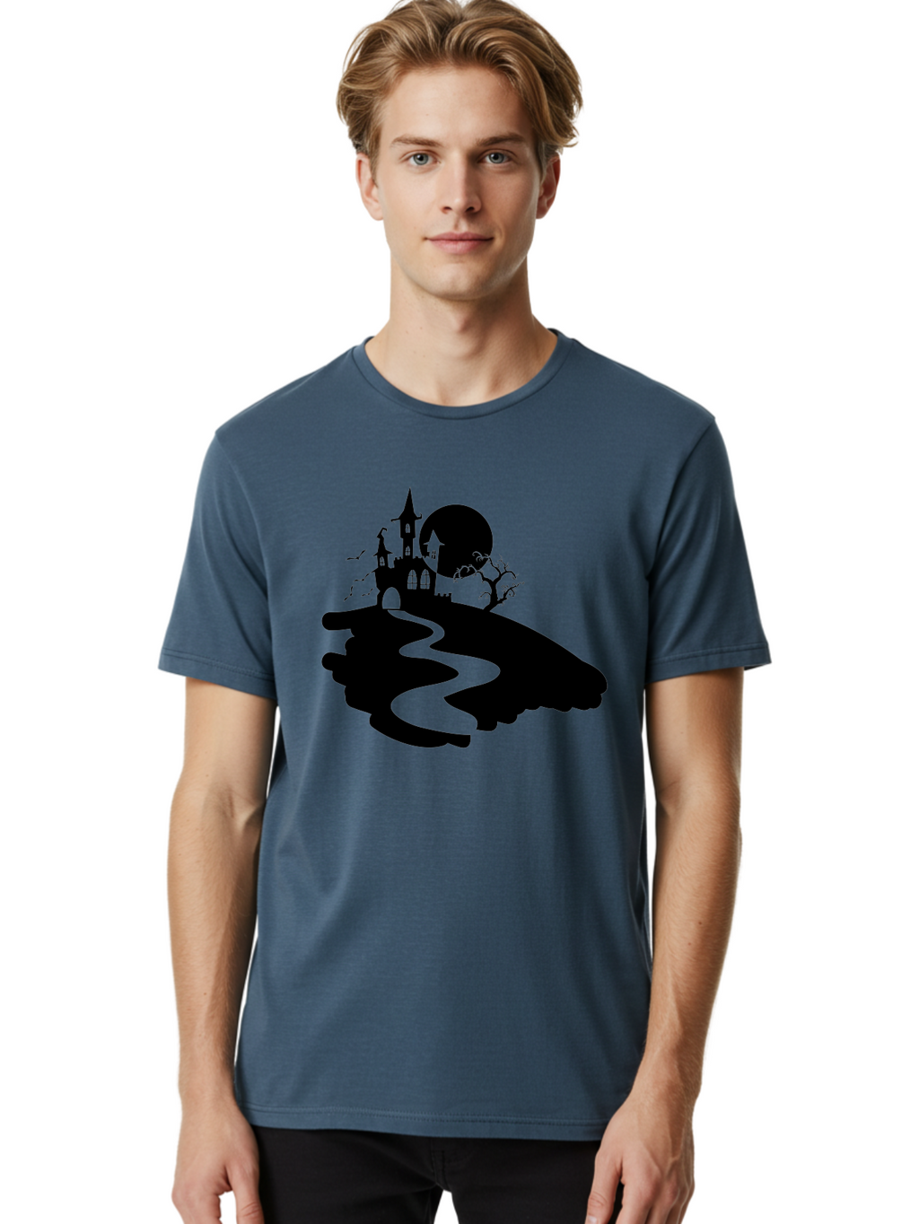 Hand-Holding-Haunted-Mansion Men'S Graphic Tee, 100% Cotton, Comfortable Casual Summer Wear, Machine Washable, Haunted Castle, Spooky Atmosphere, Witching Hour, Full Moon, Creepy Tree, Winding Path, Mystical Ambiance, Gothic Architecture, Aab220