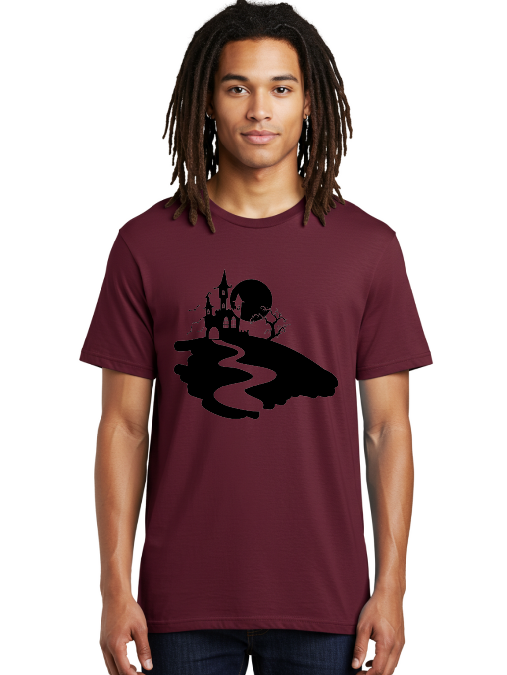 Hand-Holding-Haunted-Mansion Men'S Graphic Tee, 100% Cotton, Comfortable Casual Summer Wear, Machine Washable, Haunted Castle, Spooky Atmosphere, Witching Hour, Full Moon, Creepy Tree, Winding Path, Mystical Ambiance, Gothic Architecture, Aab220