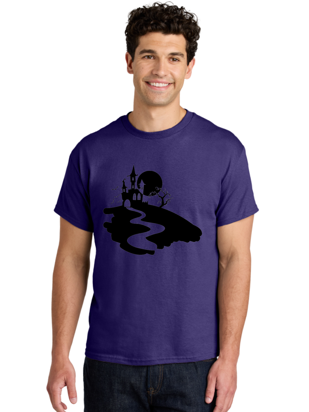 Hand-Holding-Haunted-Mansion Men'S Graphic Tee, 100% Cotton, Comfortable Casual Summer Wear, Machine Washable, Haunted Castle, Spooky Atmosphere, Witching Hour, Full Moon, Creepy Tree, Winding Path, Mystical Ambiance, Gothic Architecture, Aab220