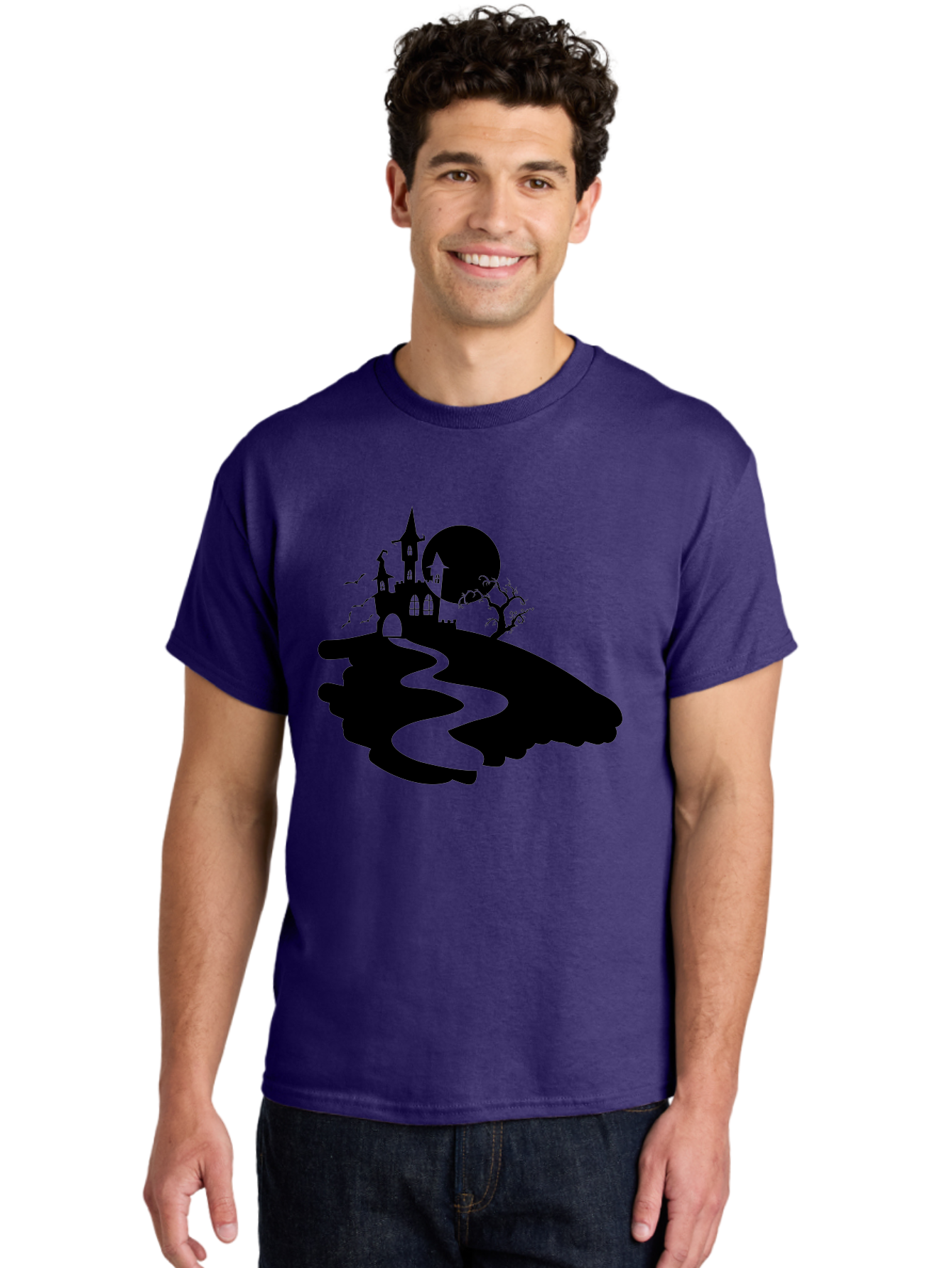 Hand-Holding-Haunted-Mansion Men'S Graphic Tee, 100% Cotton, Comfortable Casual Summer Wear, Machine Washable, Haunted Castle, Spooky Atmosphere, Witching Hour, Full Moon, Creepy Tree, Winding Path, Mystical Ambiance, Gothic Architecture, Aab220