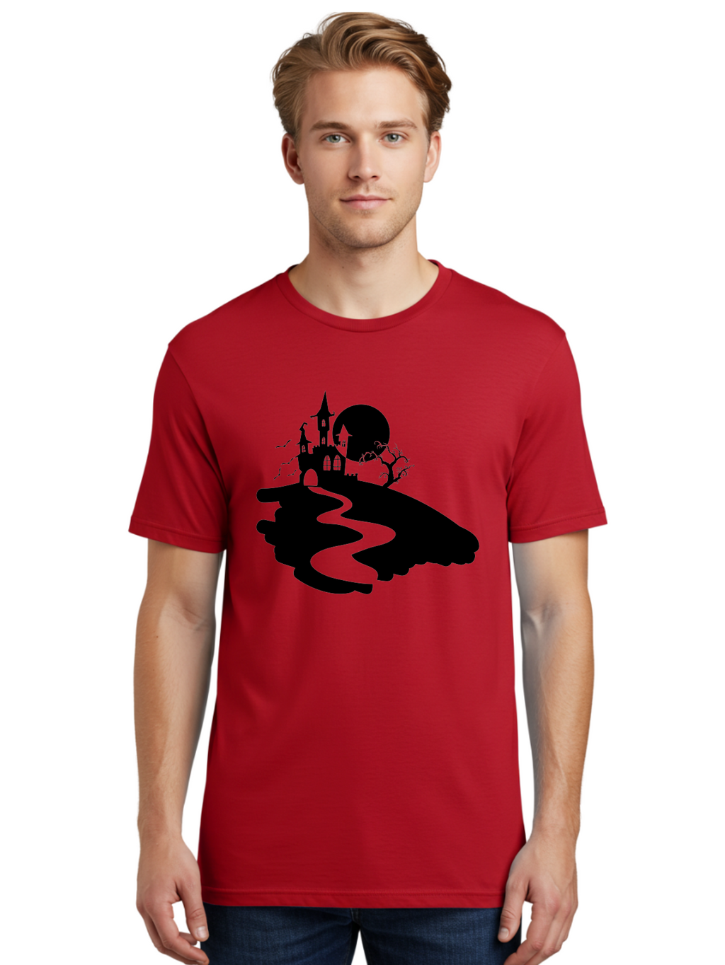 Hand-Holding-Haunted-Mansion Men'S Graphic Tee, 100% Cotton, Comfortable Casual Summer Wear, Machine Washable, Haunted Castle, Spooky Atmosphere, Witching Hour, Full Moon, Creepy Tree, Winding Path, Mystical Ambiance, Gothic Architecture, Aab220