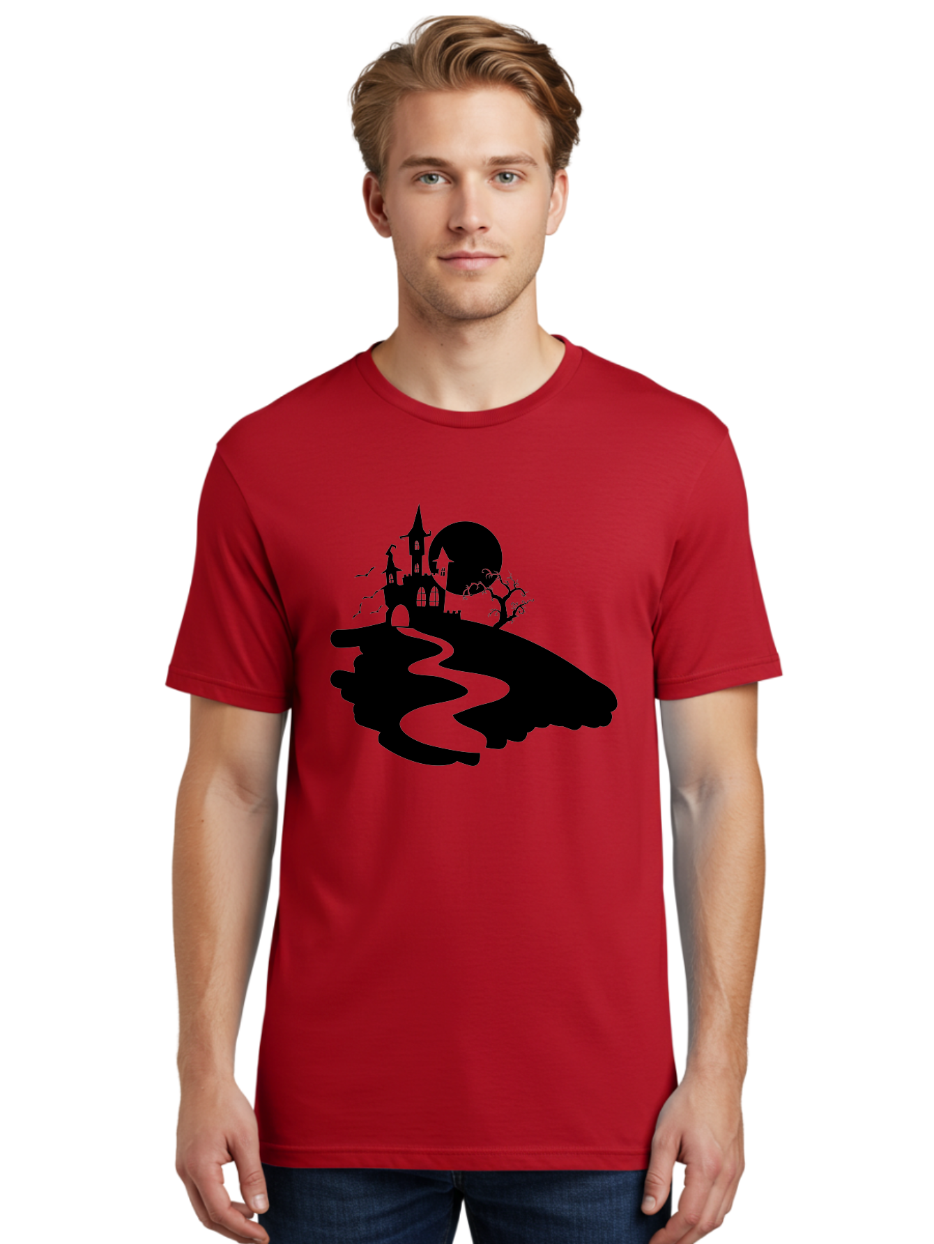 Hand-Holding-Haunted-Mansion Men'S Graphic Tee, 100% Cotton, Comfortable Casual Summer Wear, Machine Washable, Haunted Castle, Spooky Atmosphere, Witching Hour, Full Moon, Creepy Tree, Winding Path, Mystical Ambiance, Gothic Architecture, Aab220