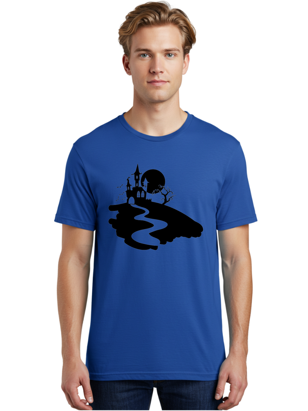 Hand-Holding-Haunted-Mansion Men'S Graphic Tee, 100% Cotton, Comfortable Casual Summer Wear, Machine Washable, Haunted Castle, Spooky Atmosphere, Witching Hour, Full Moon, Creepy Tree, Winding Path, Mystical Ambiance, Gothic Architecture, Aab220