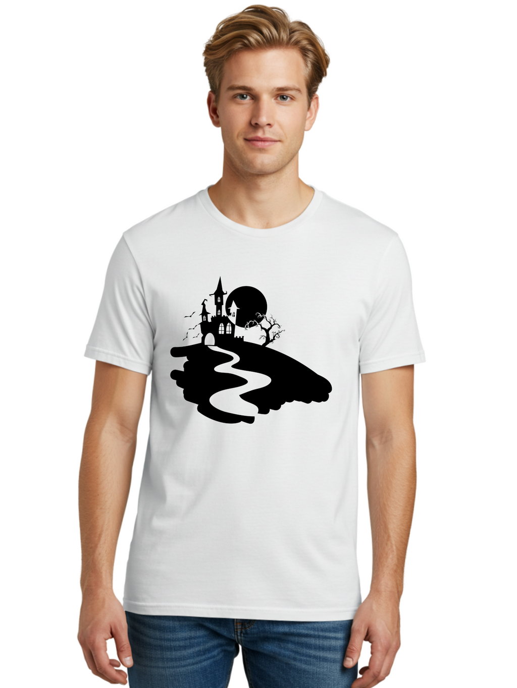 Hand-Holding-Haunted-Mansion Men'S Graphic Tee, 100% Cotton, Comfortable Casual Summer Wear, Machine Washable, Haunted Castle, Spooky Atmosphere, Witching Hour, Full Moon, Creepy Tree, Winding Path, Mystical Ambiance, Gothic Architecture, Aab220