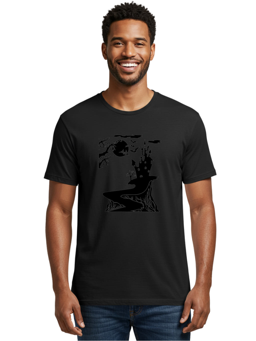 Haunted-Castle-1 Men'S Graphic Tee, 100% Cotton, Comfortable Casual Summer Wear, Machine Washable, Haunted House, Creepy Castle, Spooky Atmosphere, Halloween Theme, Dark Magic, Full Moon, Bats Flying Aab221