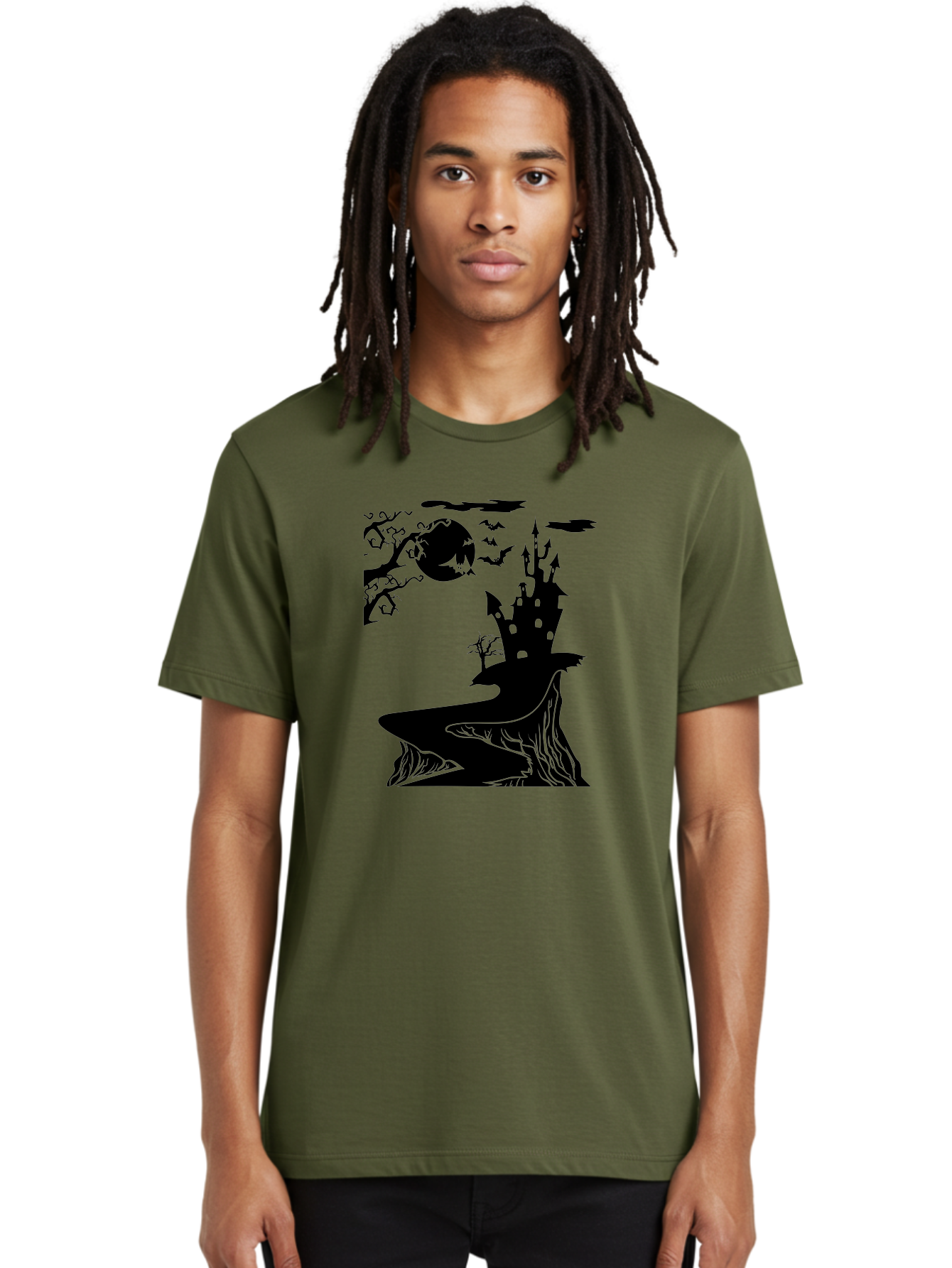 Haunted-Castle-1 Men'S Graphic Tee, 100% Cotton, Comfortable Casual Summer Wear, Machine Washable, Haunted House, Creepy Castle, Spooky Atmosphere, Halloween Theme, Dark Magic, Full Moon, Bats Flying Aab221