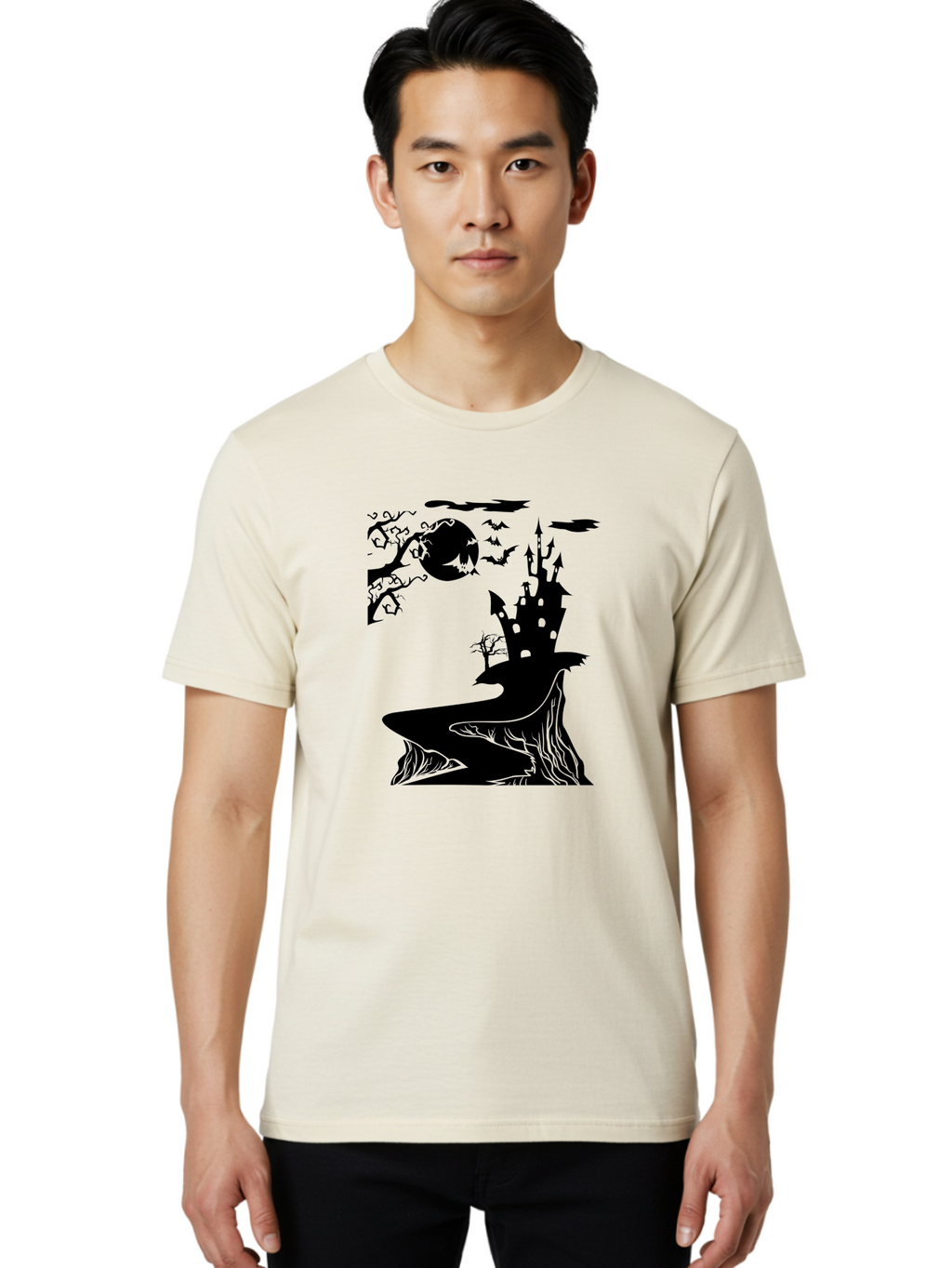 Haunted-Castle-1 Men'S Graphic Tee, 100% Cotton, Comfortable Casual Summer Wear, Machine Washable, Haunted House, Creepy Castle, Spooky Atmosphere, Halloween Theme, Dark Magic, Full Moon, Bats Flying Aab221