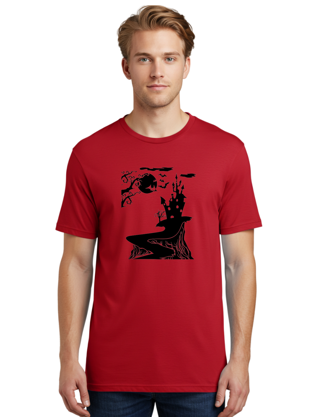 Haunted-Castle-1 Men'S Graphic Tee, 100% Cotton, Comfortable Casual Summer Wear, Machine Washable, Haunted House, Creepy Castle, Spooky Atmosphere, Halloween Theme, Dark Magic, Full Moon, Bats Flying Aab221