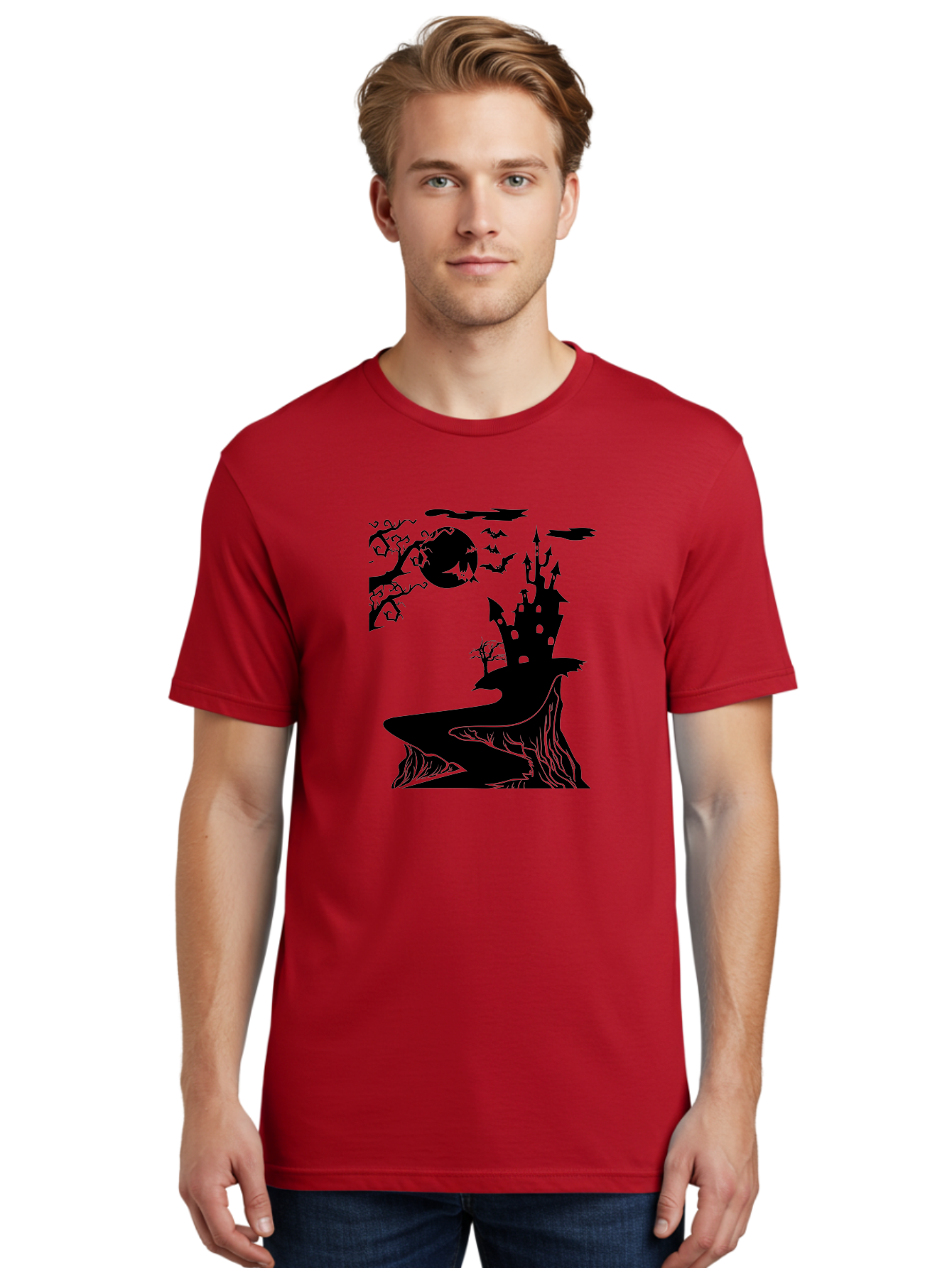 Haunted-Castle-1 Men'S Graphic Tee, 100% Cotton, Comfortable Casual Summer Wear, Machine Washable, Haunted House, Creepy Castle, Spooky Atmosphere, Halloween Theme, Dark Magic, Full Moon, Bats Flying Aab221