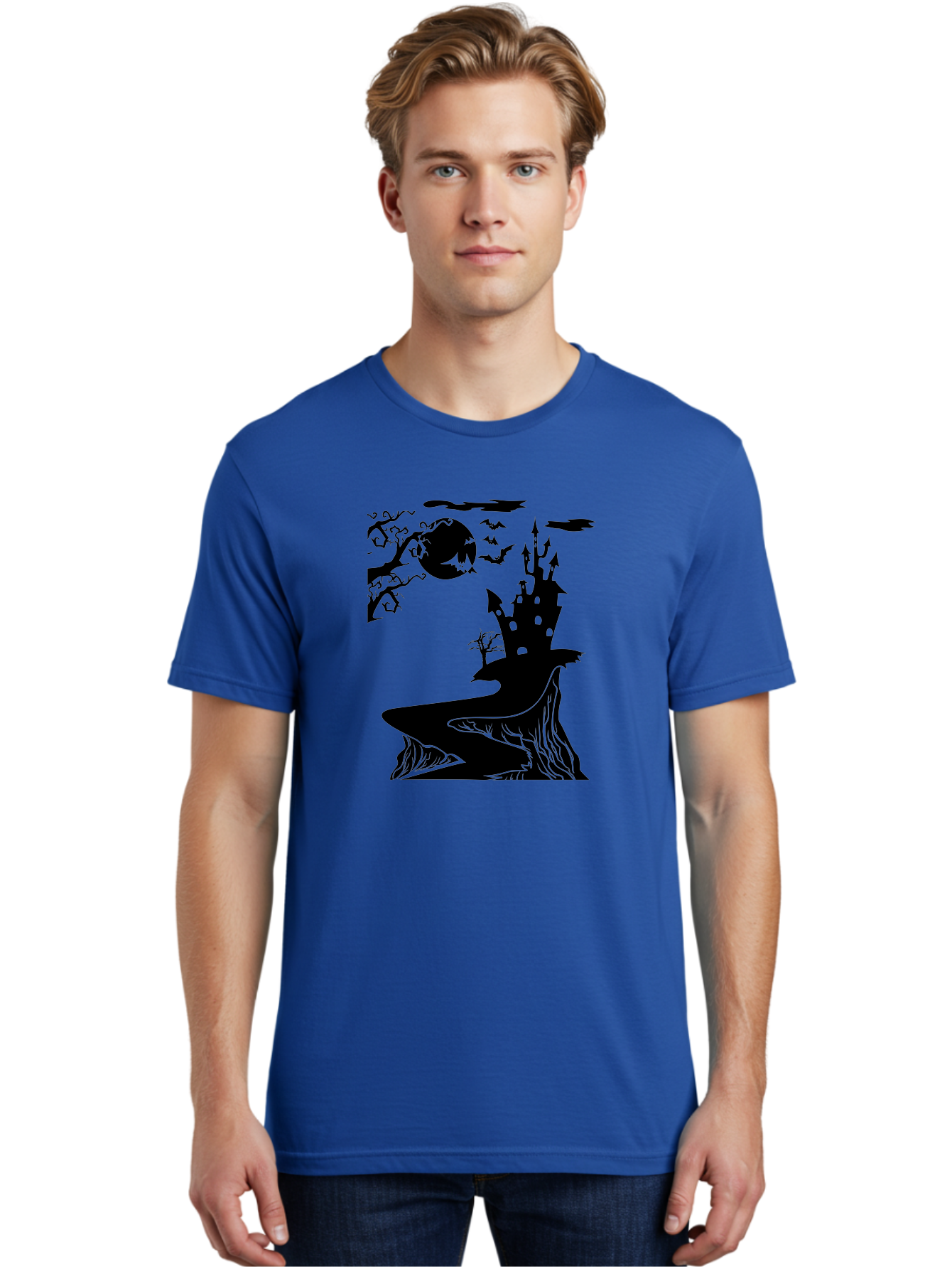 Haunted-Castle-1 Men'S Graphic Tee, 100% Cotton, Comfortable Casual Summer Wear, Machine Washable, Haunted House, Creepy Castle, Spooky Atmosphere, Halloween Theme, Dark Magic, Full Moon, Bats Flying Aab221