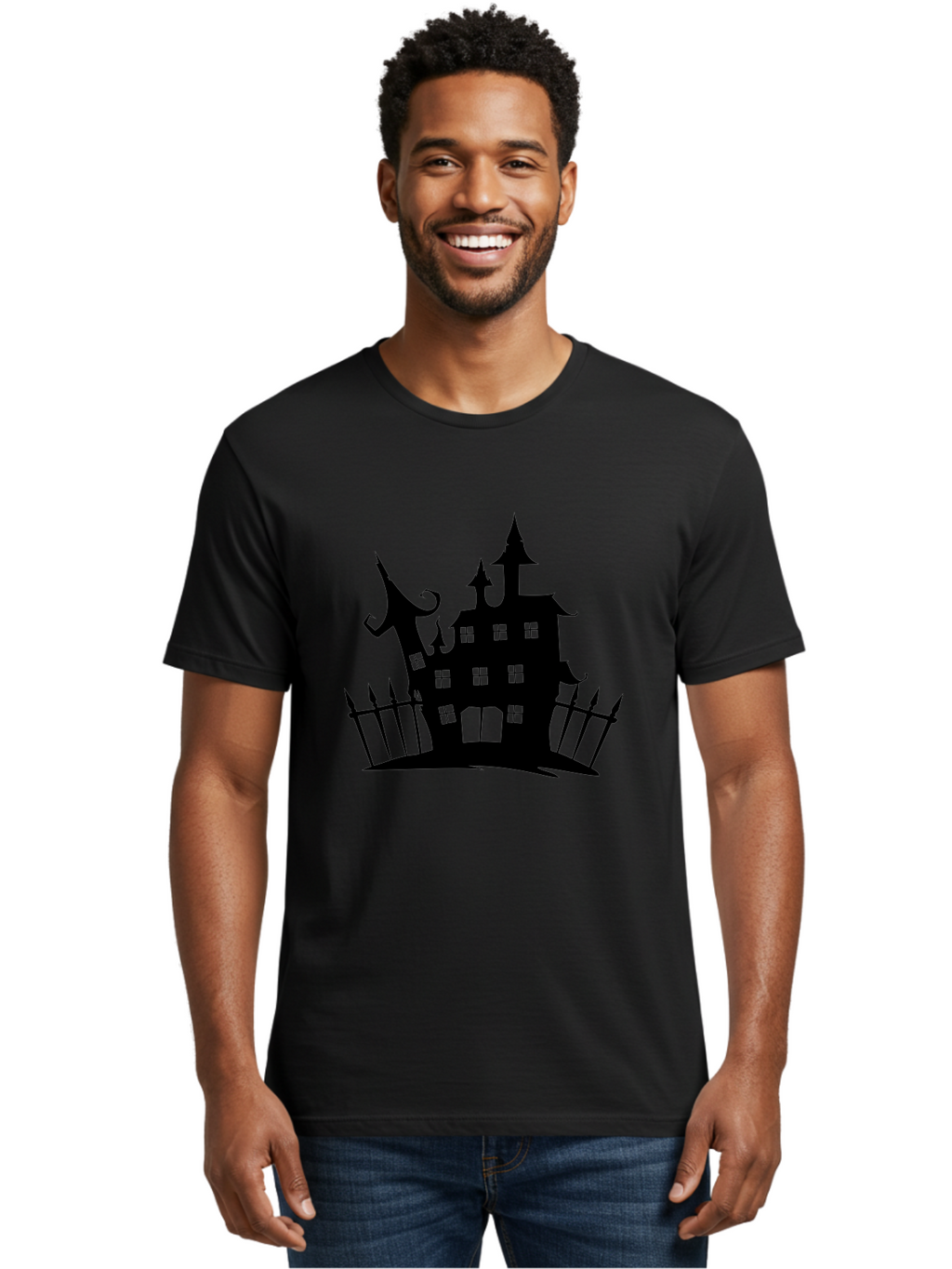 Haunted-House-1 Men'S Graphic Tee, 100% Cotton, Comfortable Casual Summer Wear, Machine Washable, Haunted Mansion, Creepy House, Horror Theme, Spooky Atmosphere, Gothic Architecture, Haunted Location, Eerie Vibe, Black Silhouette Aab223